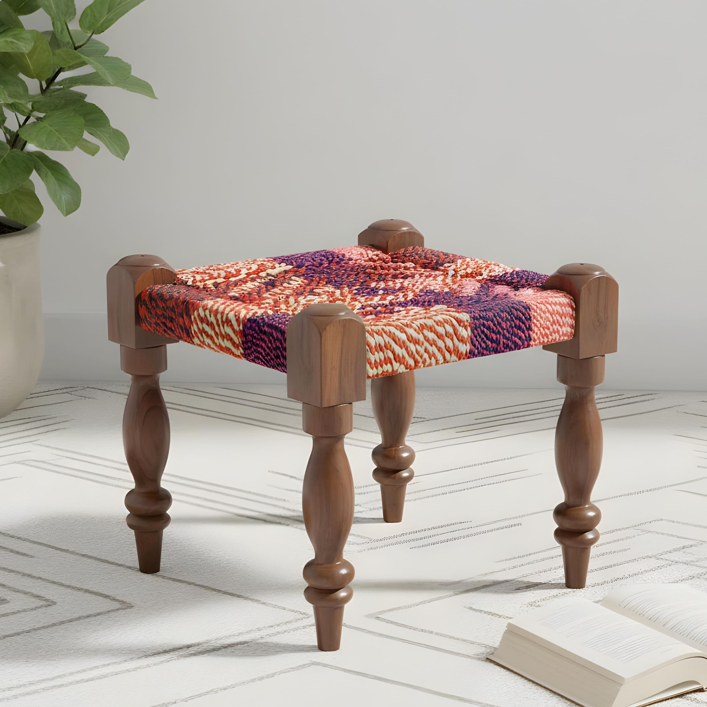 Riaza Sheesham Wood Maachi Stool in Assorted Multi-Colour Chindi Rope Canning
