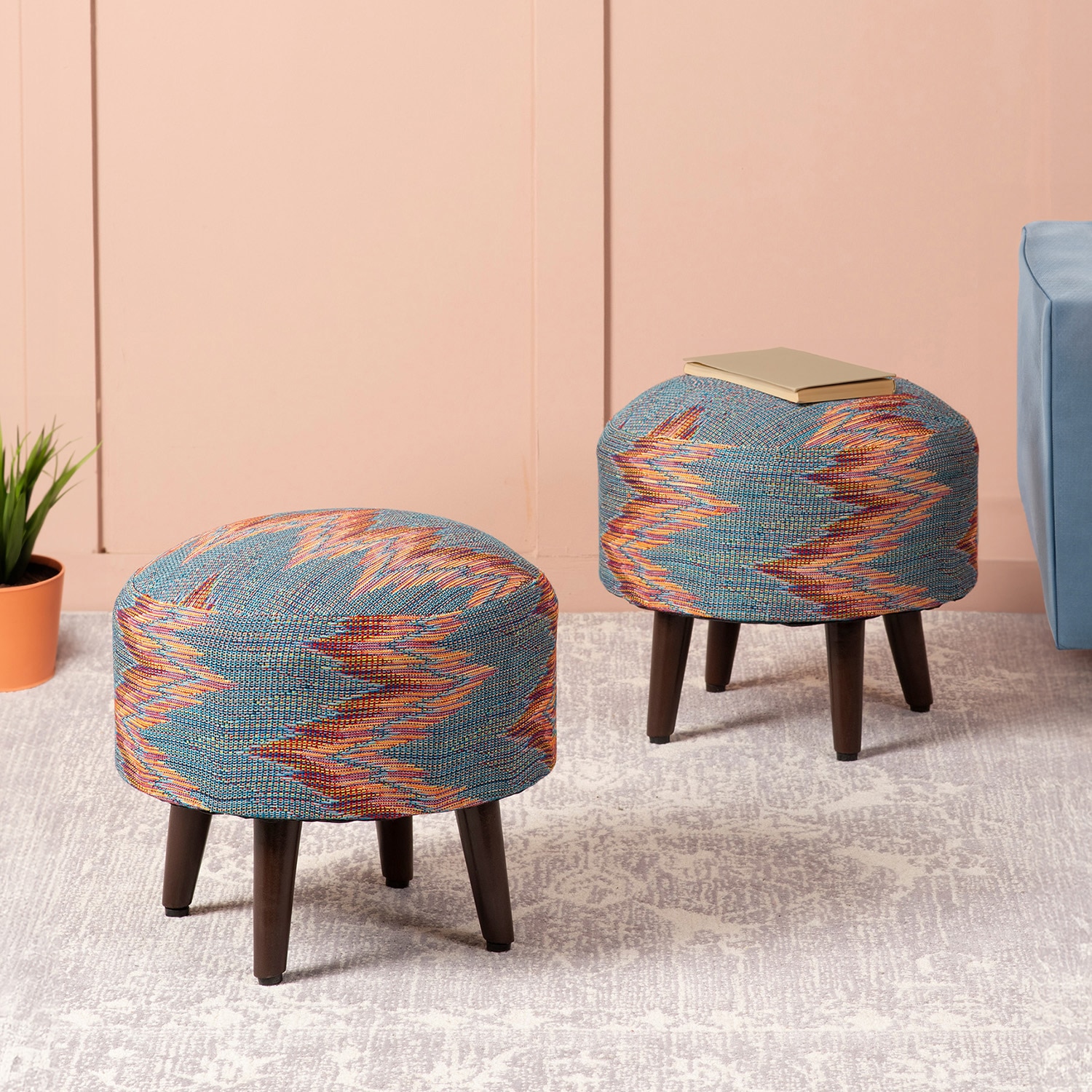Crest Jacquard Wooden Ottoman in Blue Zig Zag Color Set of 2 - Nestroots