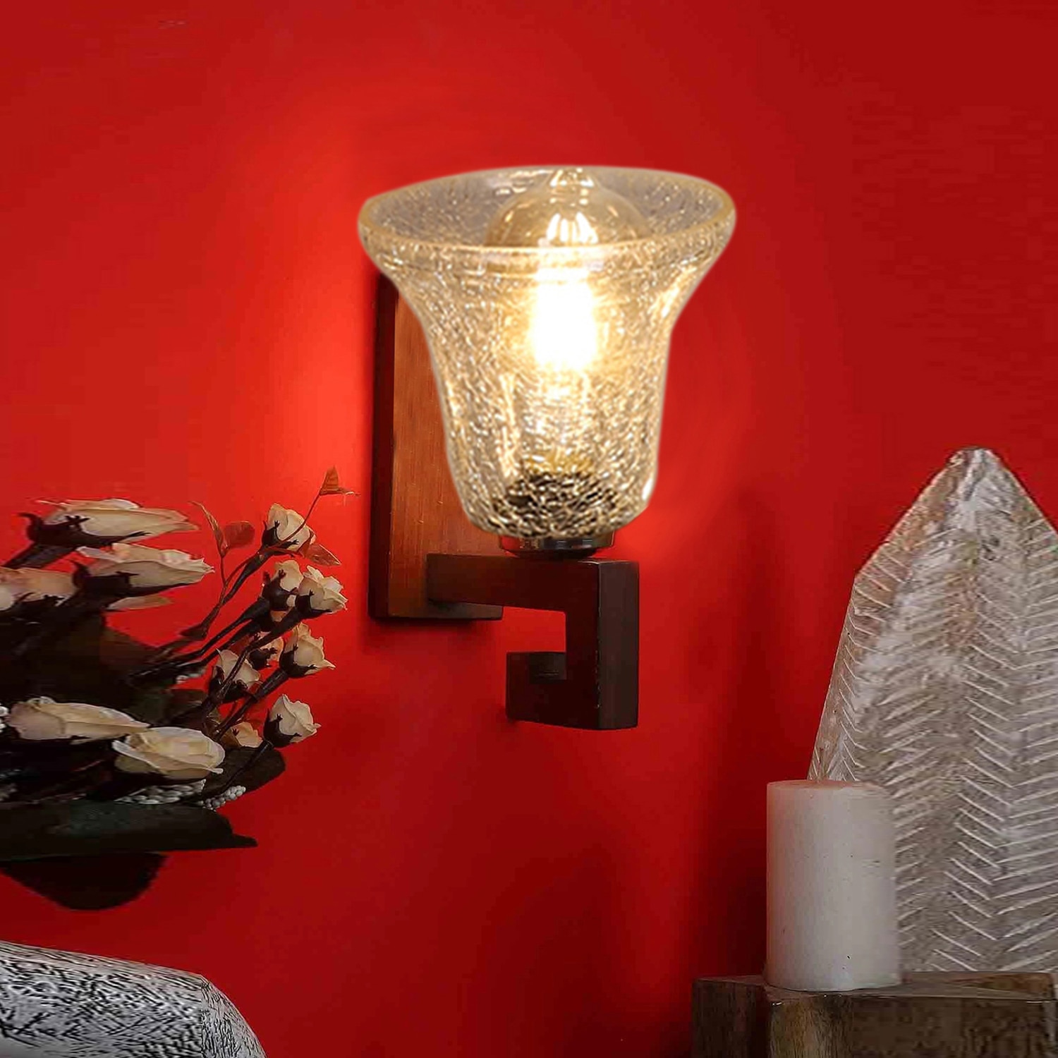 Devansh Solid Wood Electric Wall Light in Brown Colour with Transparent Shade Count of 1 Light - Devansh