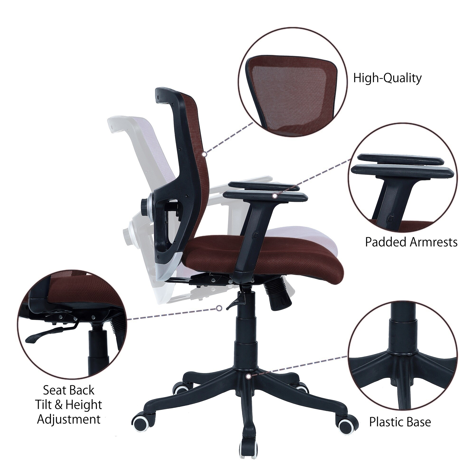 Peacifice Mid Back Ergonomic Chair in Brown Colour