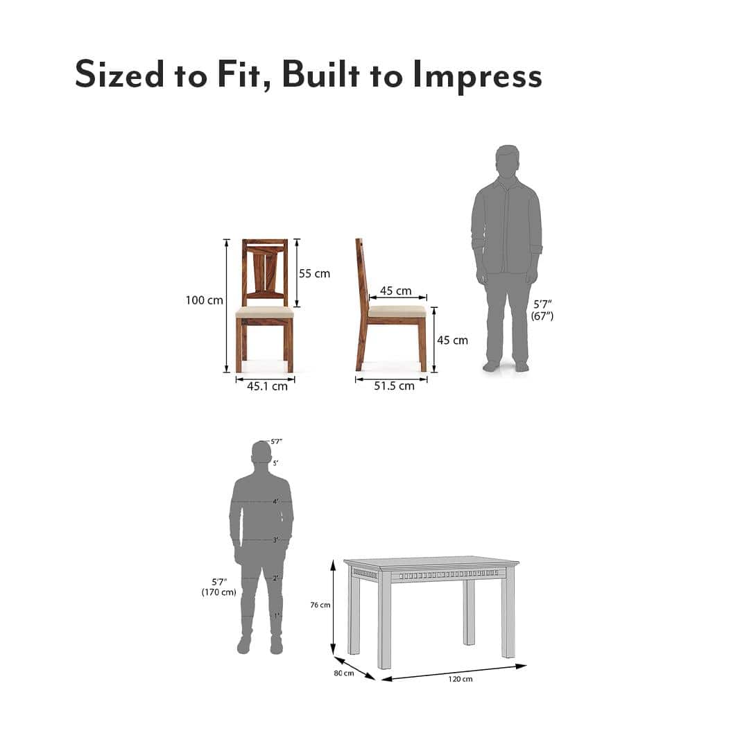 Fidora 4 Seater Dining Table With Set Of 4 Martha Dining Chairs (Colour- Wheat Brown, Finish- Teak)
