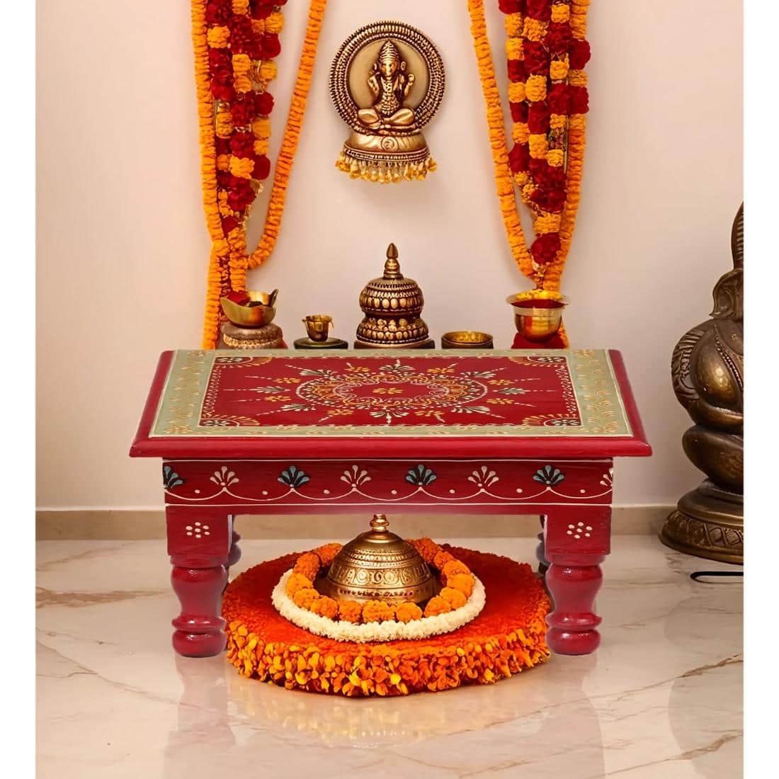 Desert Art Wooden Handpainted Pooja Chowki 12 x 12 Inch - Desert Art