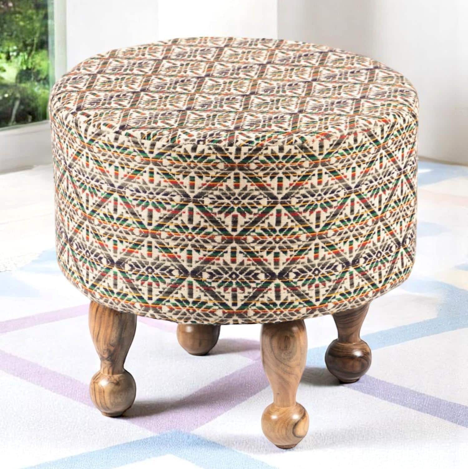 Louisville Acacia Wood Parisian Round Pouf Stool in Multicolour