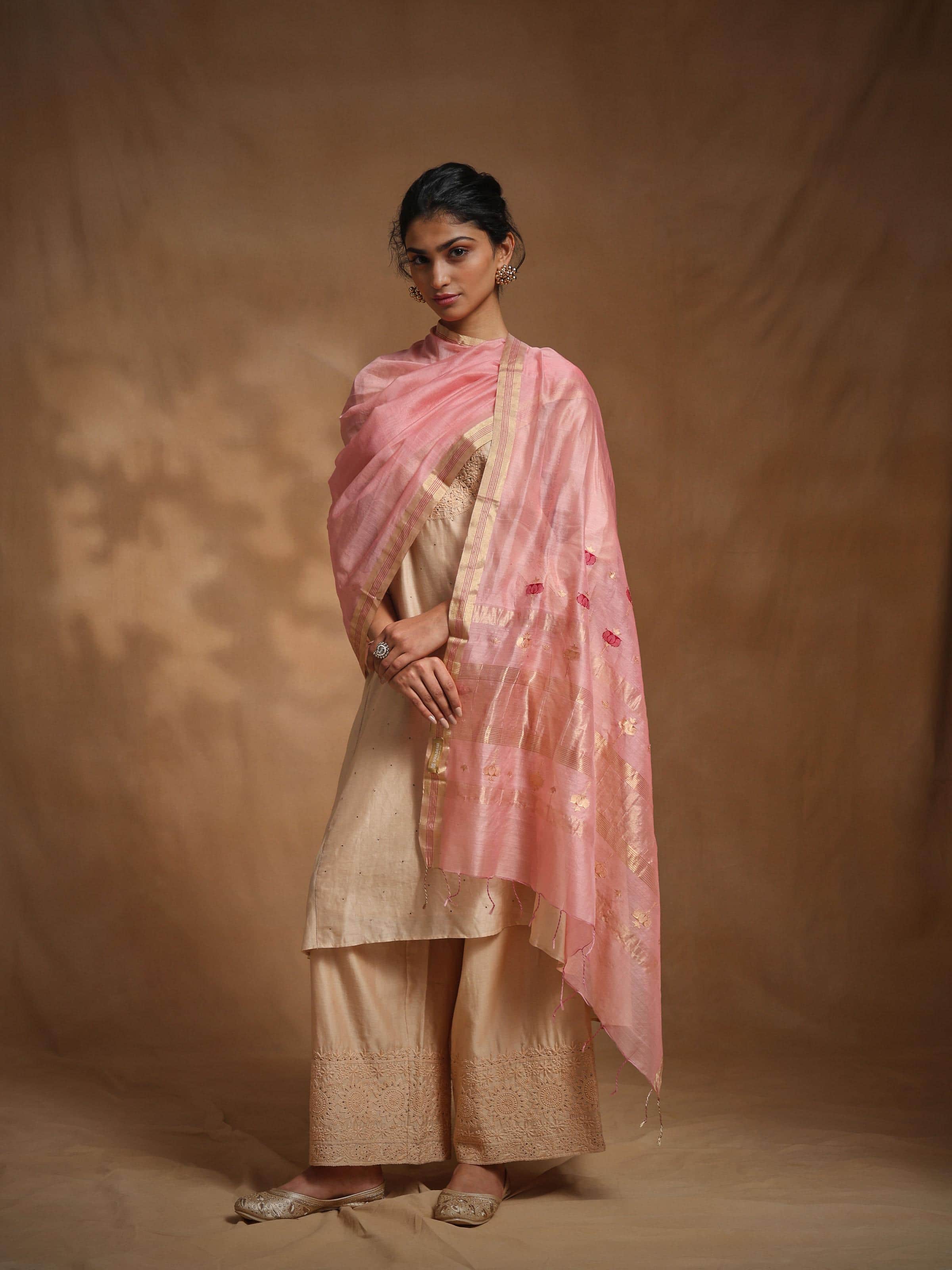 Front draped pink Chanderi dupatta with delicate sheen