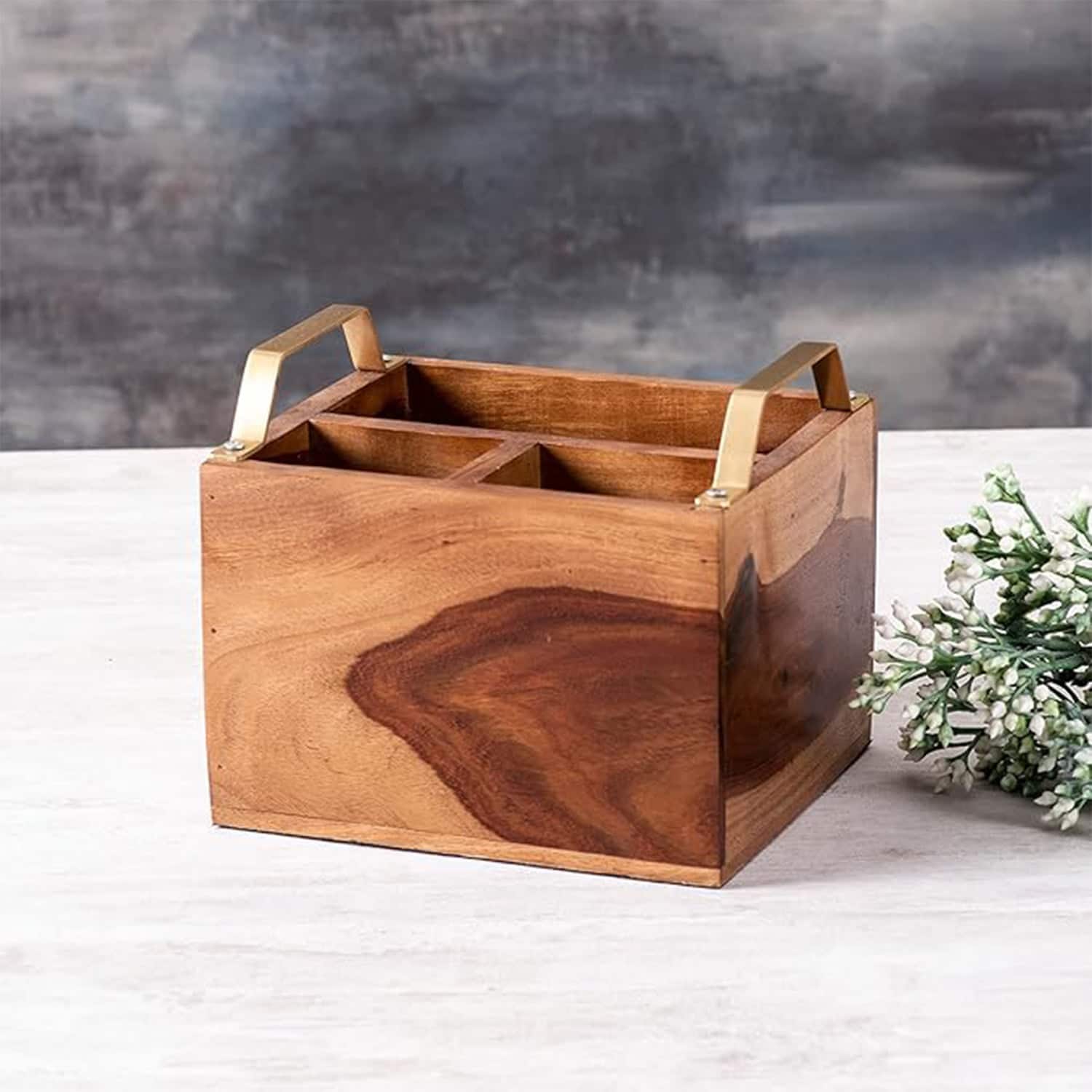 Inseparables Teak Wood Cutlery Holder Gold