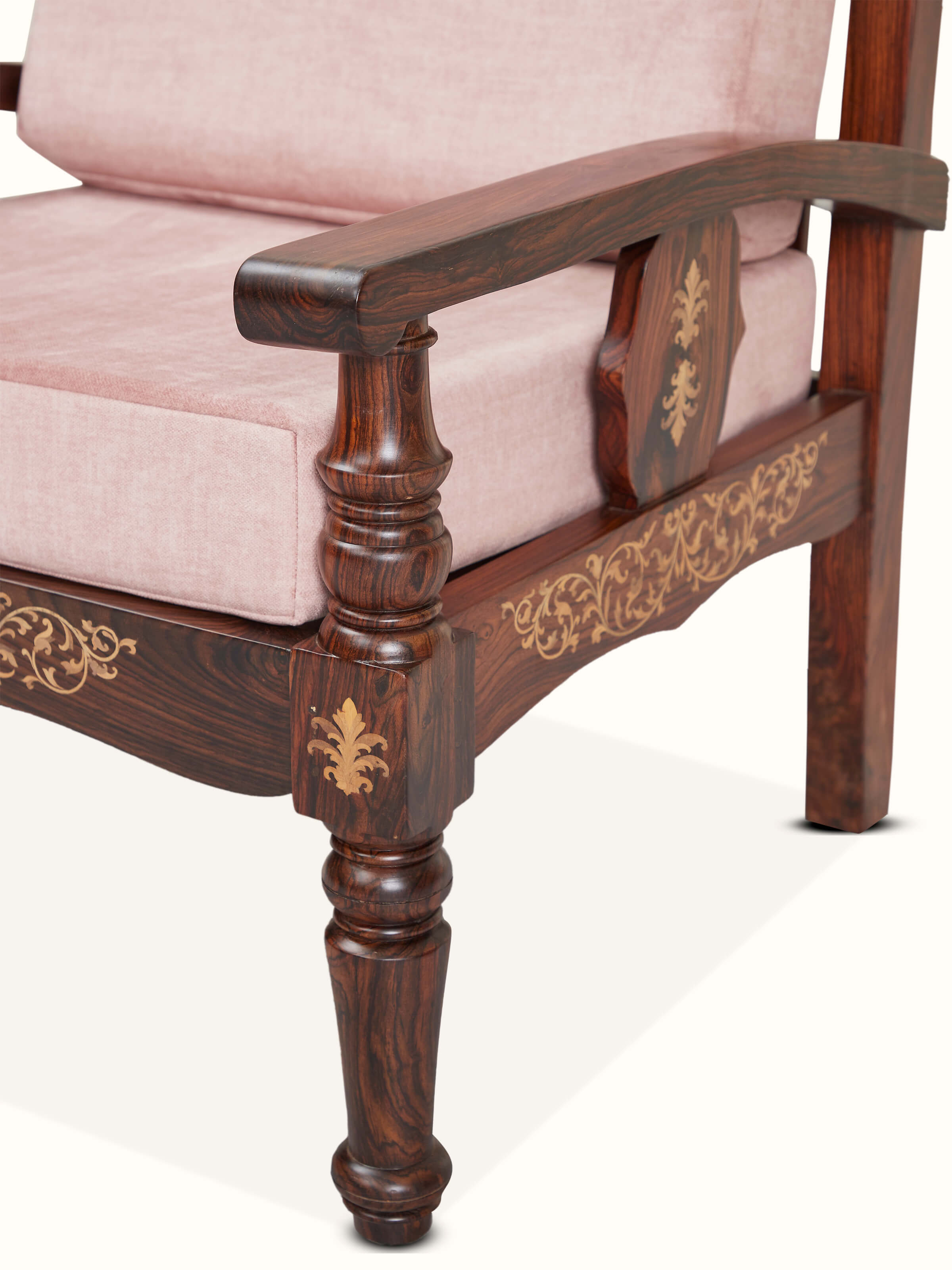 Side view of Upholstered Mysore Rosewood Inlaid 1-Seater Sofa displaying the elegant inlaid design