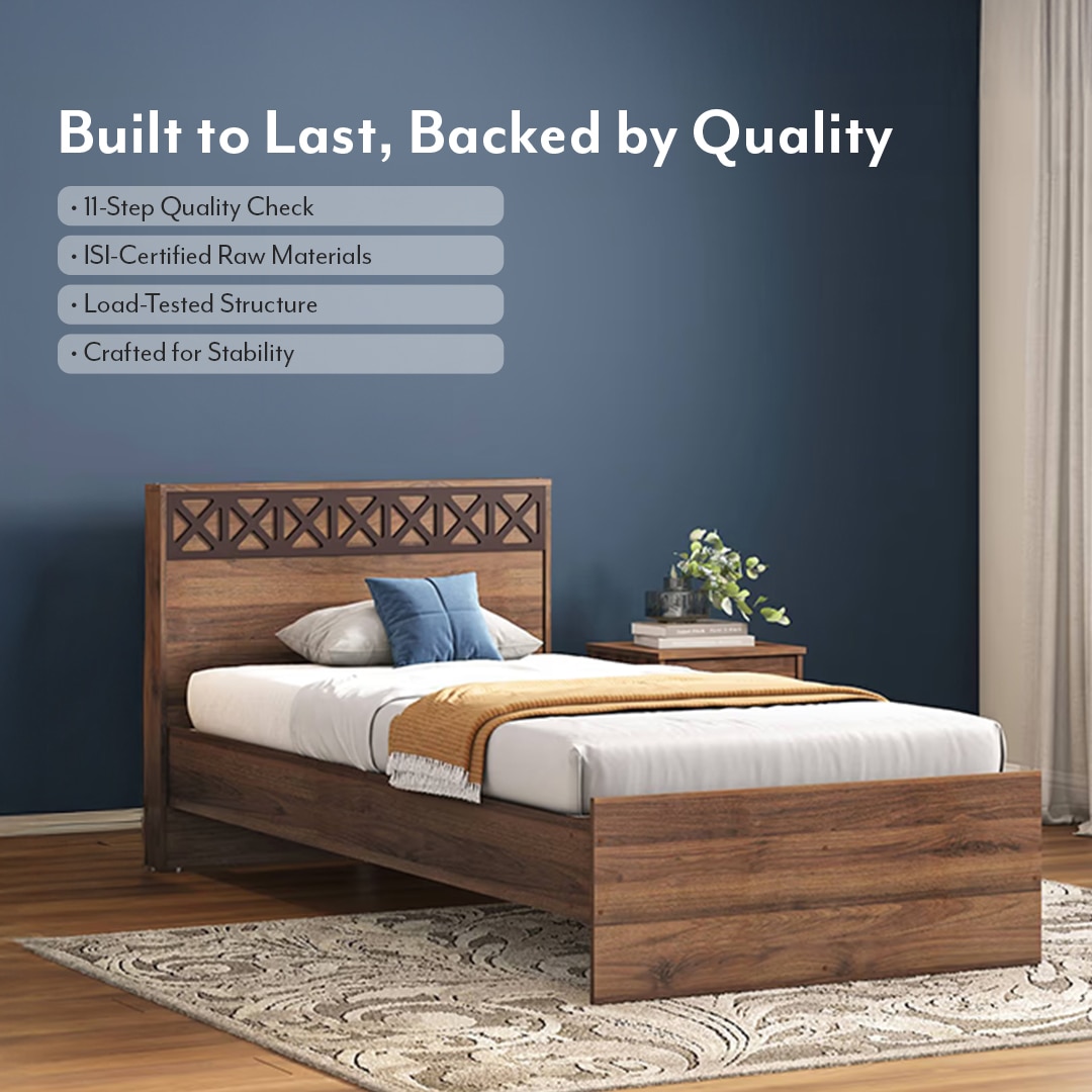 Macy Engineered Wood Single Size Non Storage Bed In Classic Walnut Finish