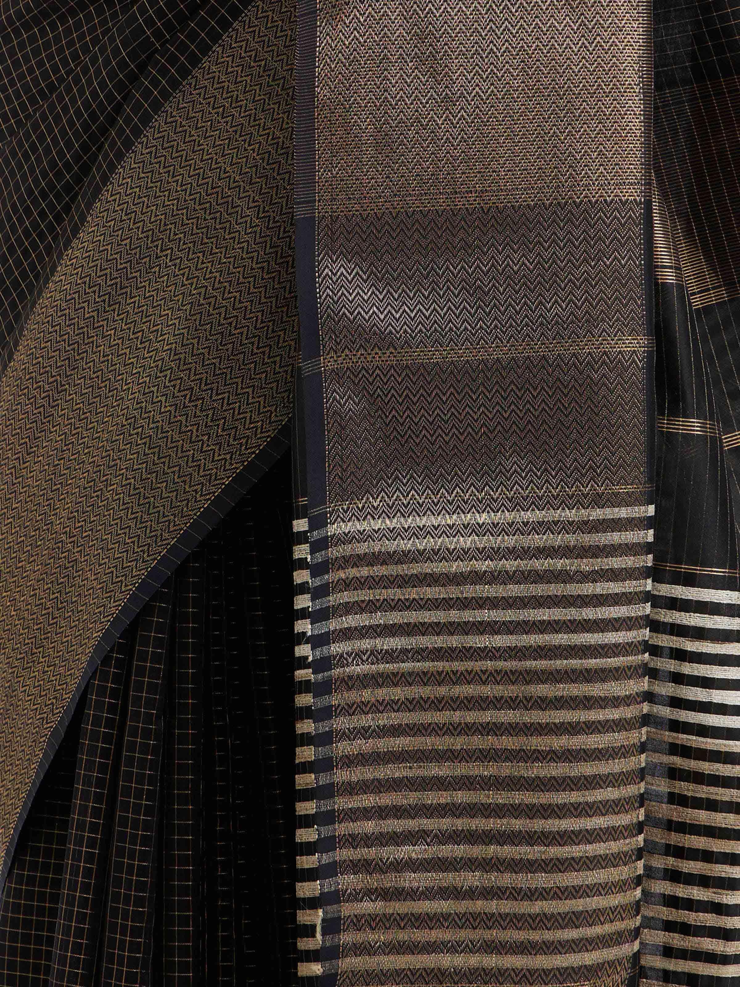 Detail view of black cotton silk Maheshwari saree showing fabric texture