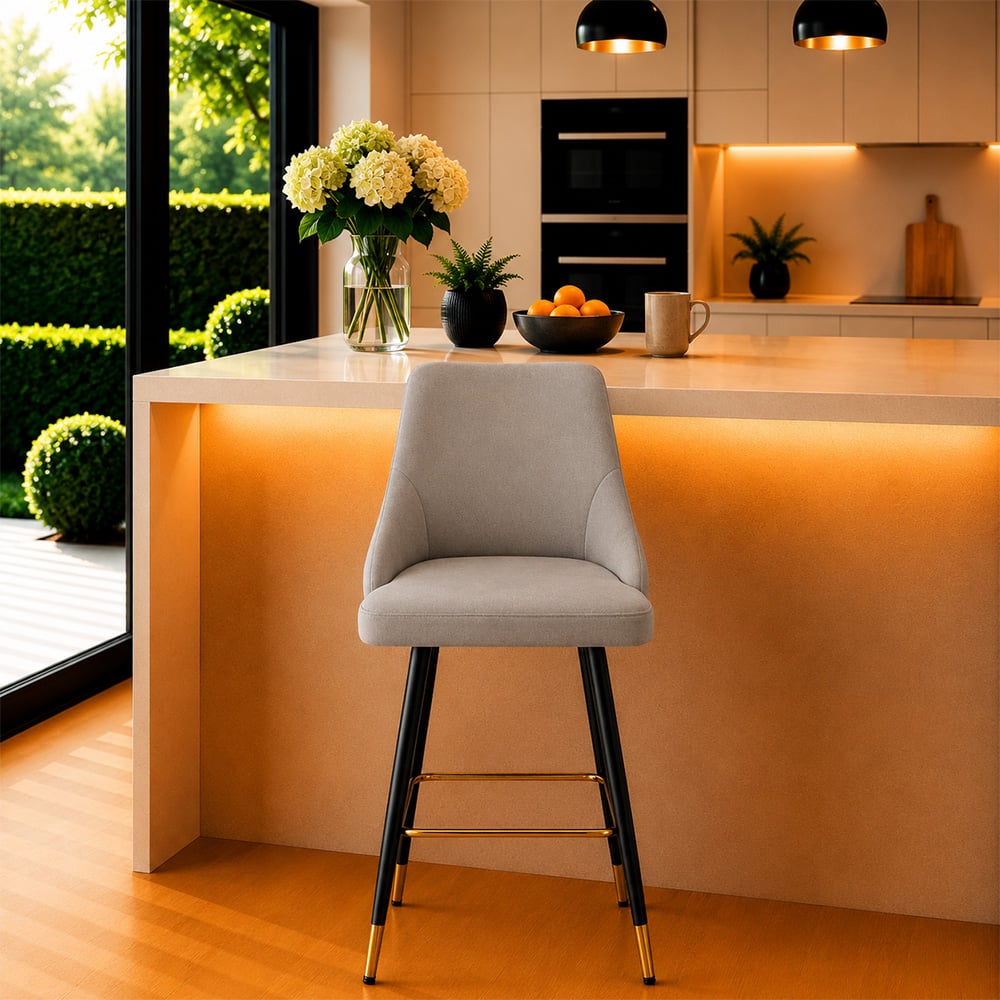 Doe Buck Upholstered Counter Height Bar Stool in Grey Colour with Gold Accents - Doe Buck