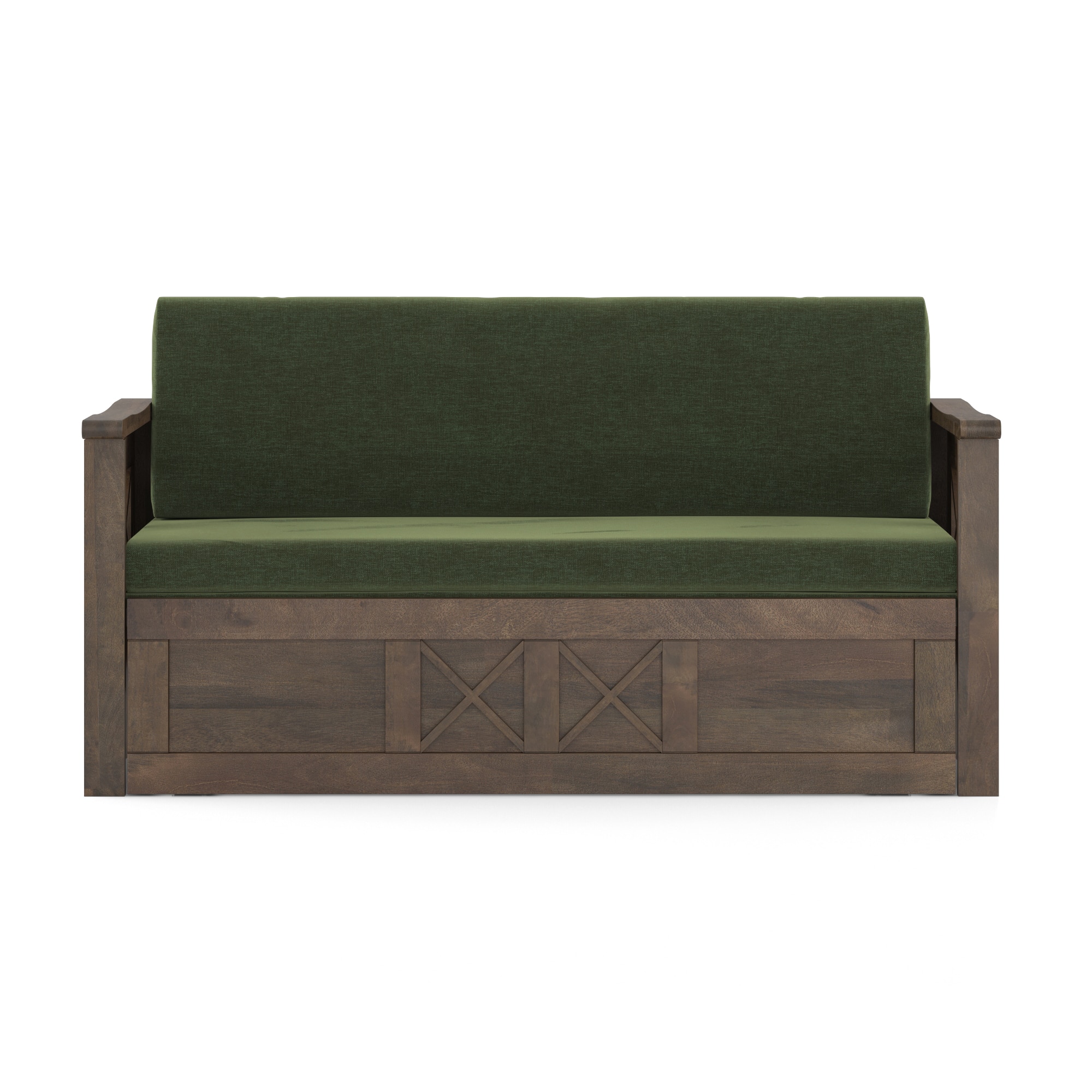 Bram 3 Seater Sofa Cum Bed in Danish Walnut Finish with Moss Green Colour
