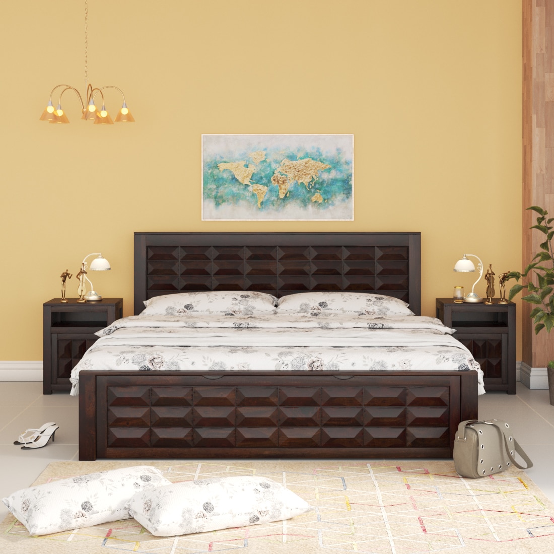 Diamond Box and Drawers Storage King Bed in Walnut Finish