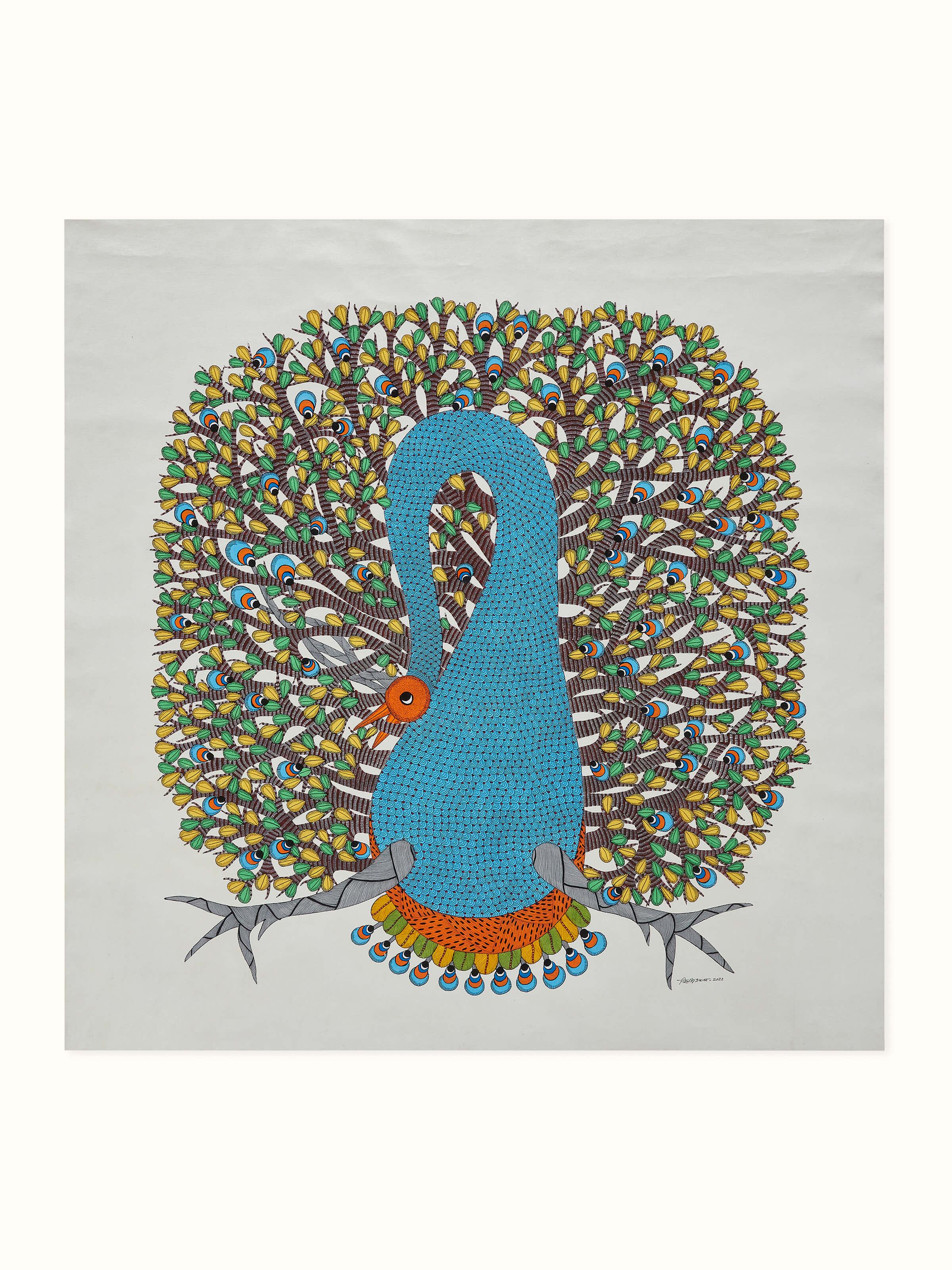 Front view of Gond Chitrakari Painting displaying the intricate and colorful patterns typical of Gond tribal art