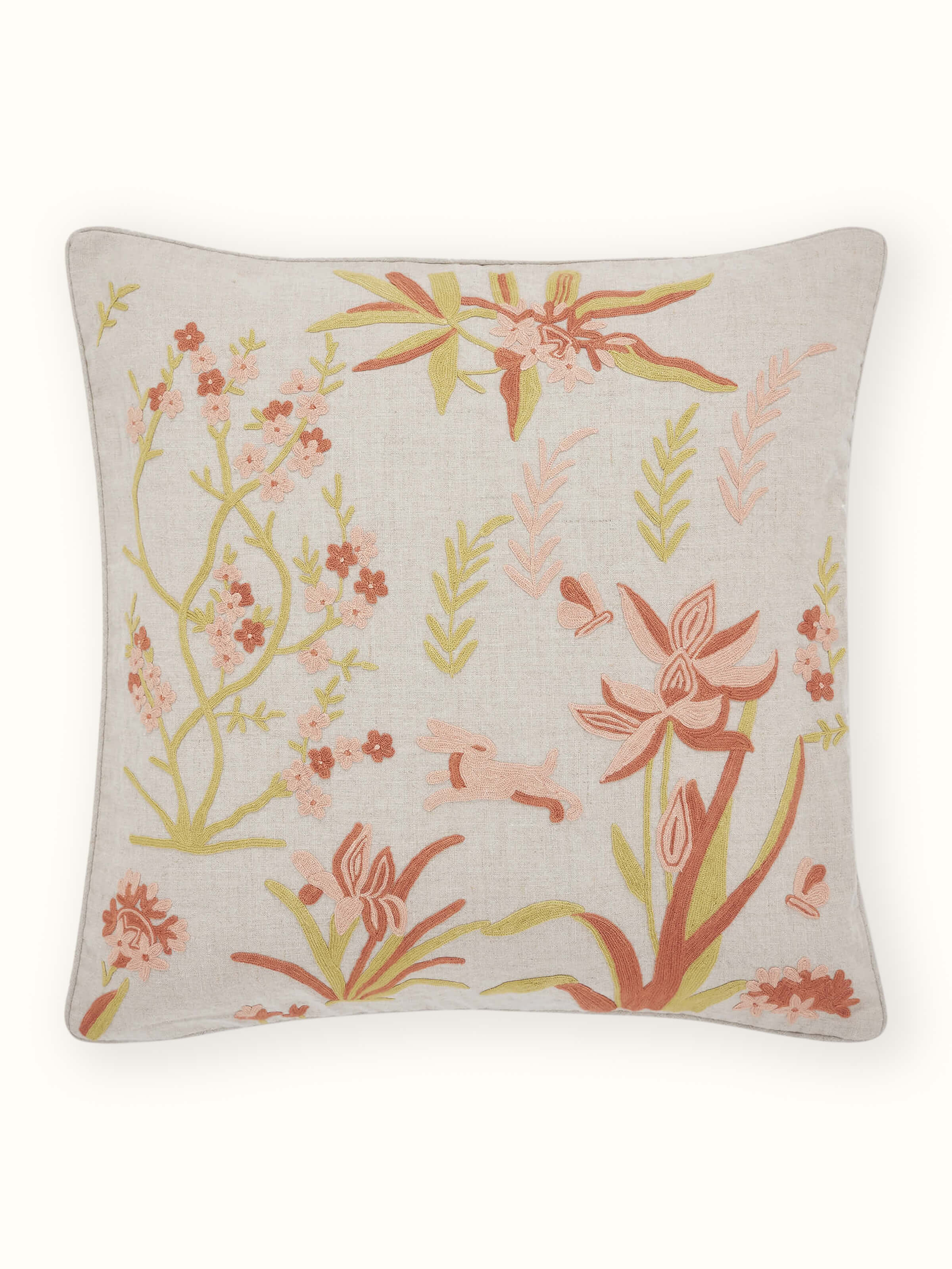 Mansur Peach All-over Linen Kashmir Chain Stitch Hand Embroidery Cushion Cover