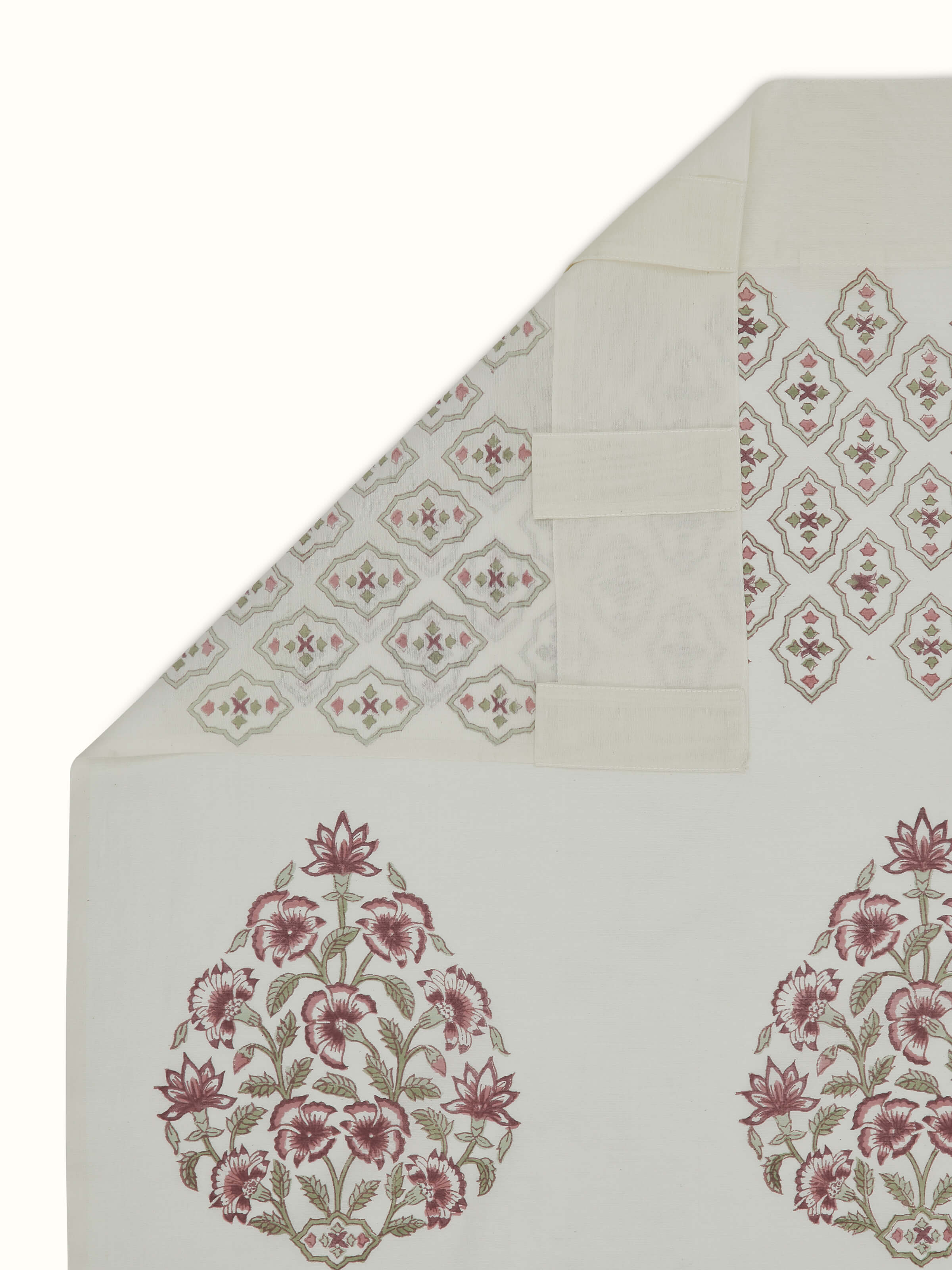 Lifestyle view of the Aarunya Red Buta Cotton Silk Sanganeri Hand Block Printed Sheer Curtain (7 Ft)