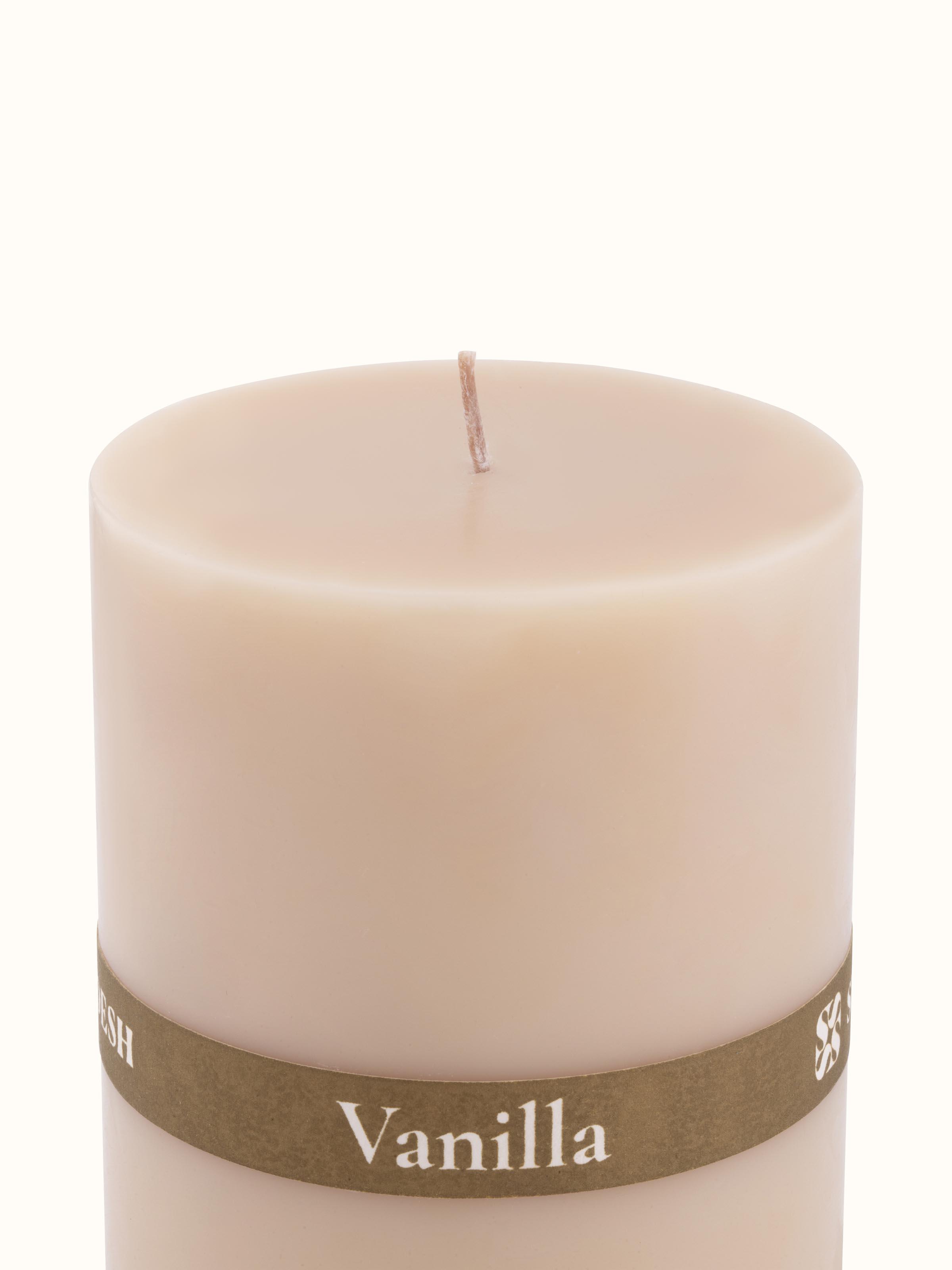 Detail shot of Vanilla Pillar Candle (4.5 inches) highlighting wax texture and smooth finish