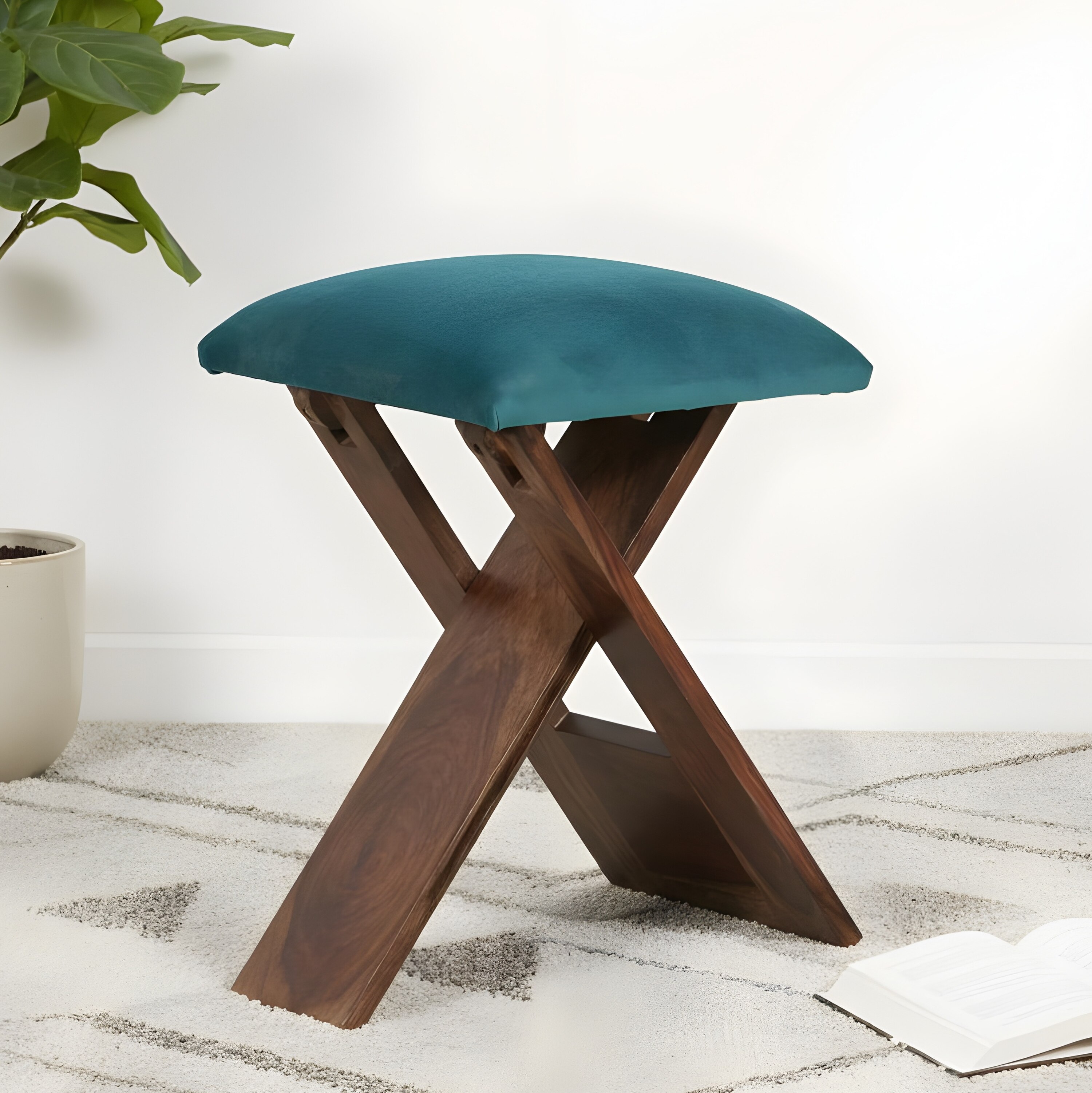Dayton Sheesham Wood Accent Square Stool in Turquoise Sea Velvet Upholstery