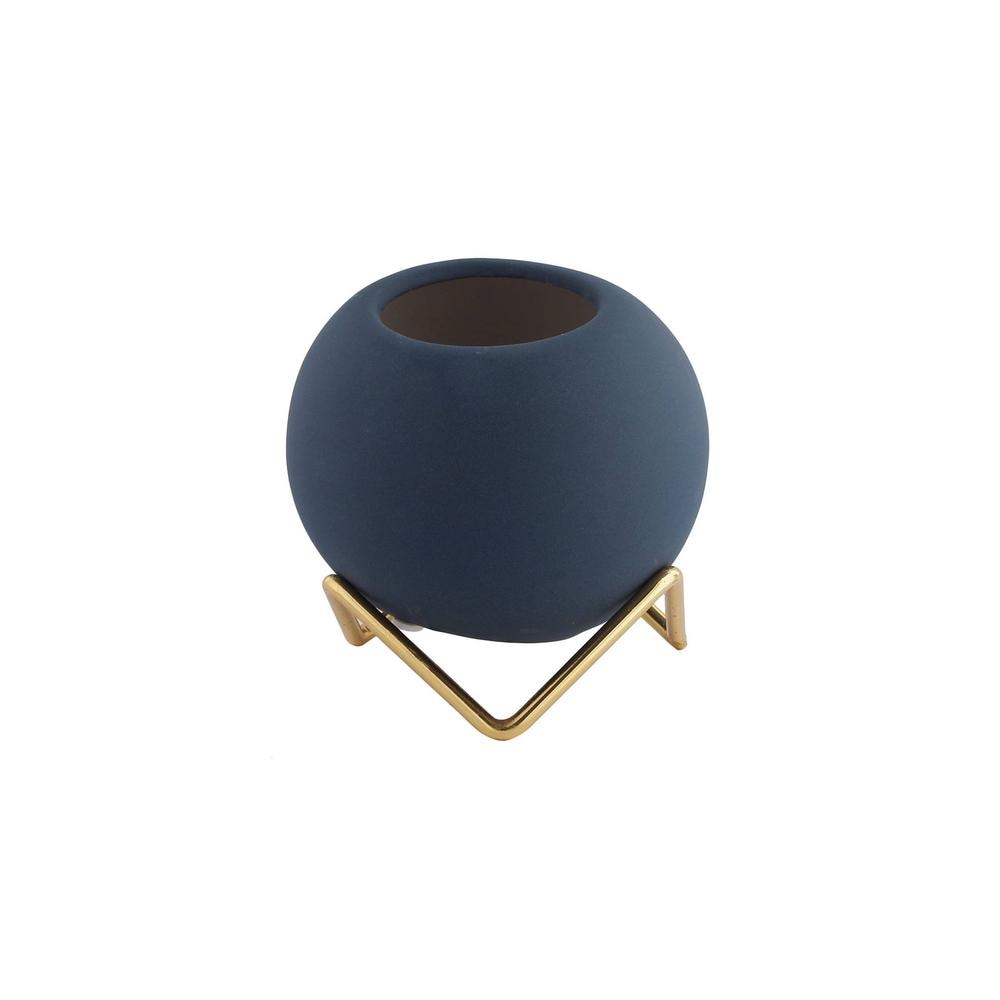 Blue Coloured Ceramic Vase with Golden Stand