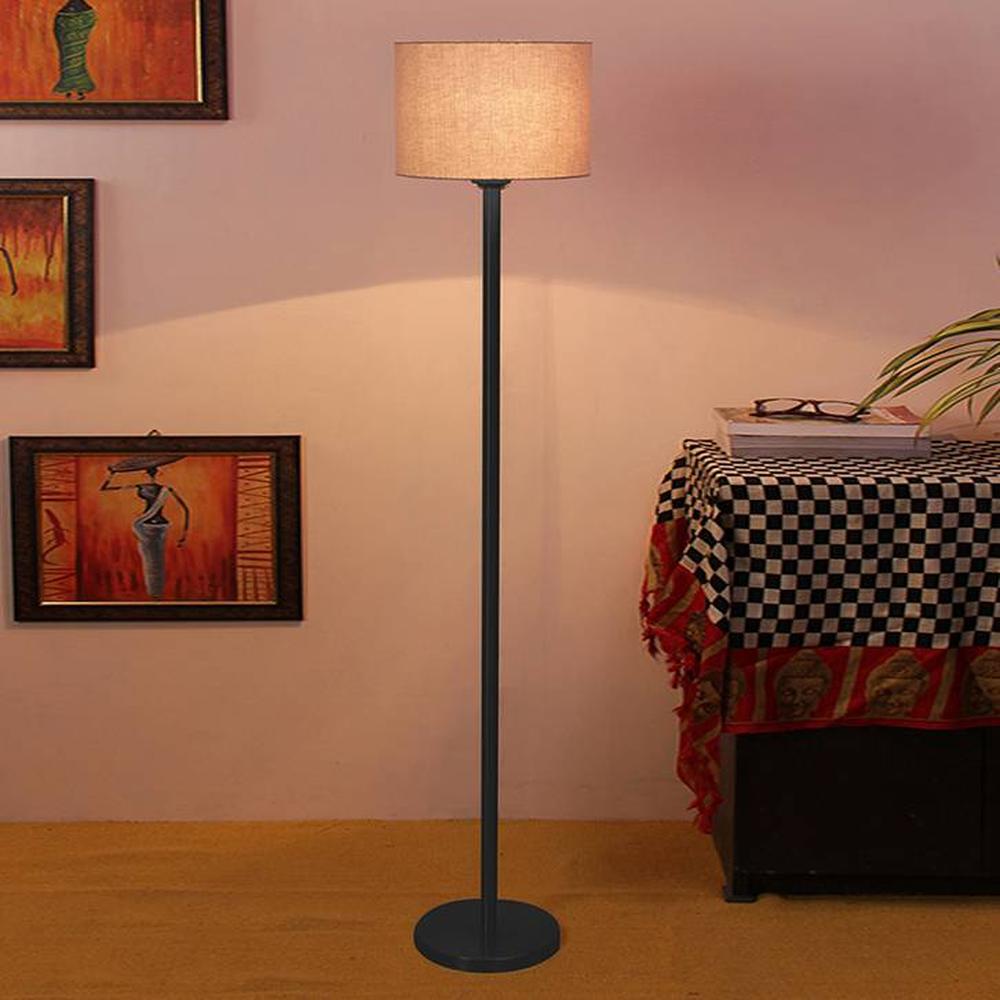 Tomas Grey Fabric Shade Floor Lamp with Black Iron Base