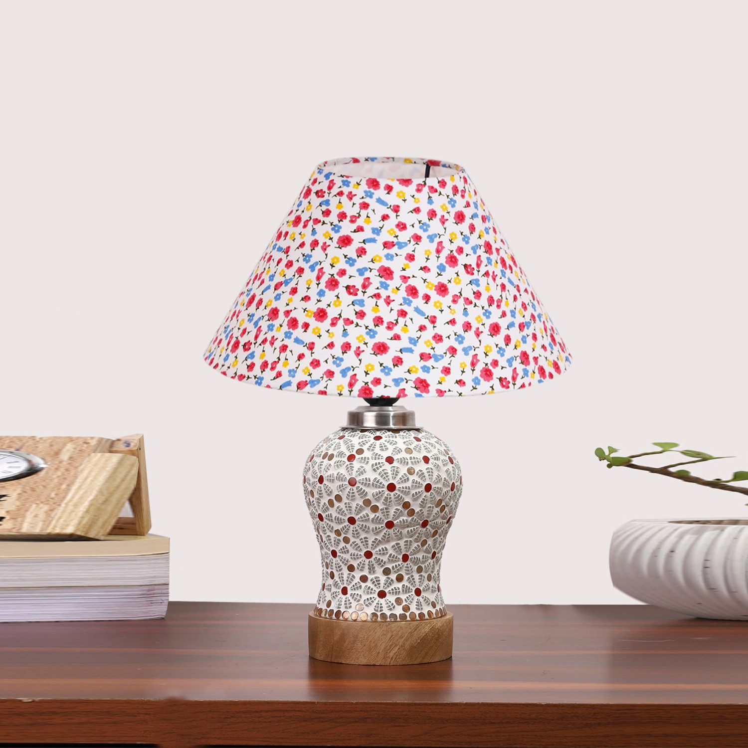 Devansh Conical Multi Cotton Shade Lamp With Wood & Mosaic Glass Base For Decoration/Office/Home/Gifting/Study For Decoration/Office/Home/Gifting/Study -(10X10X14.5) Inches -A - Devansh