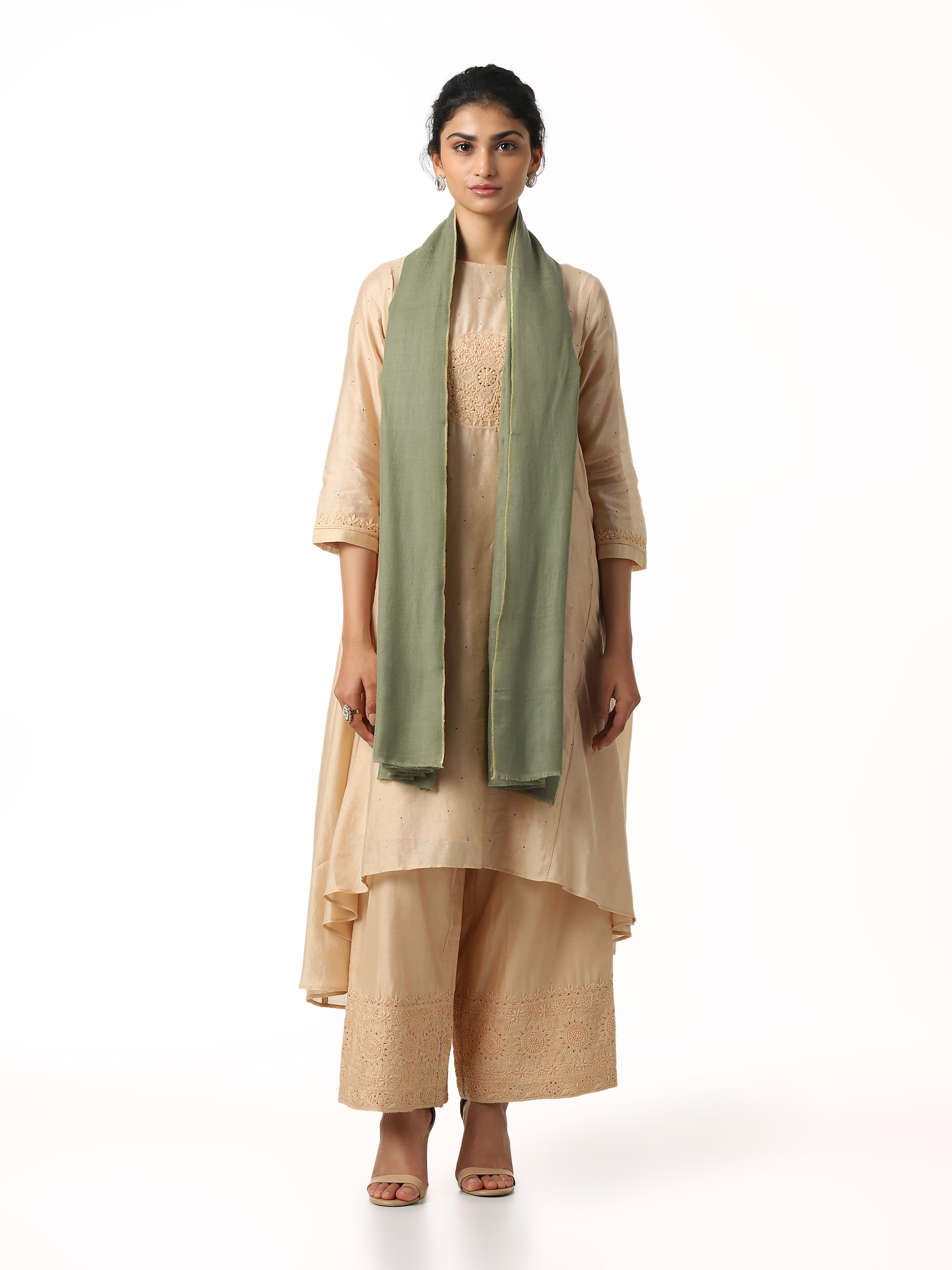 Front view of green cashmere Kaaj embroidered handwoven stole showing intricate embroidery and rich texture