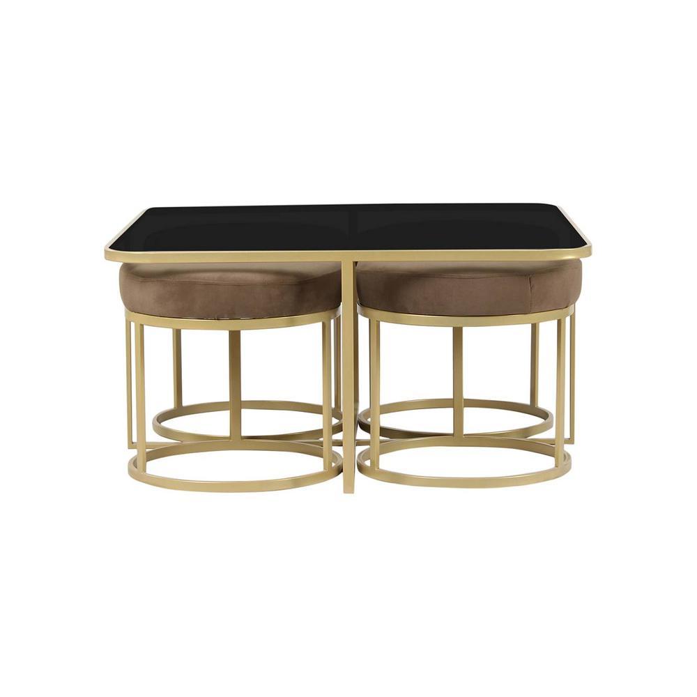 Benton Nesting Black Glass Coffee Table Set With 4 Stools In Gold Finish