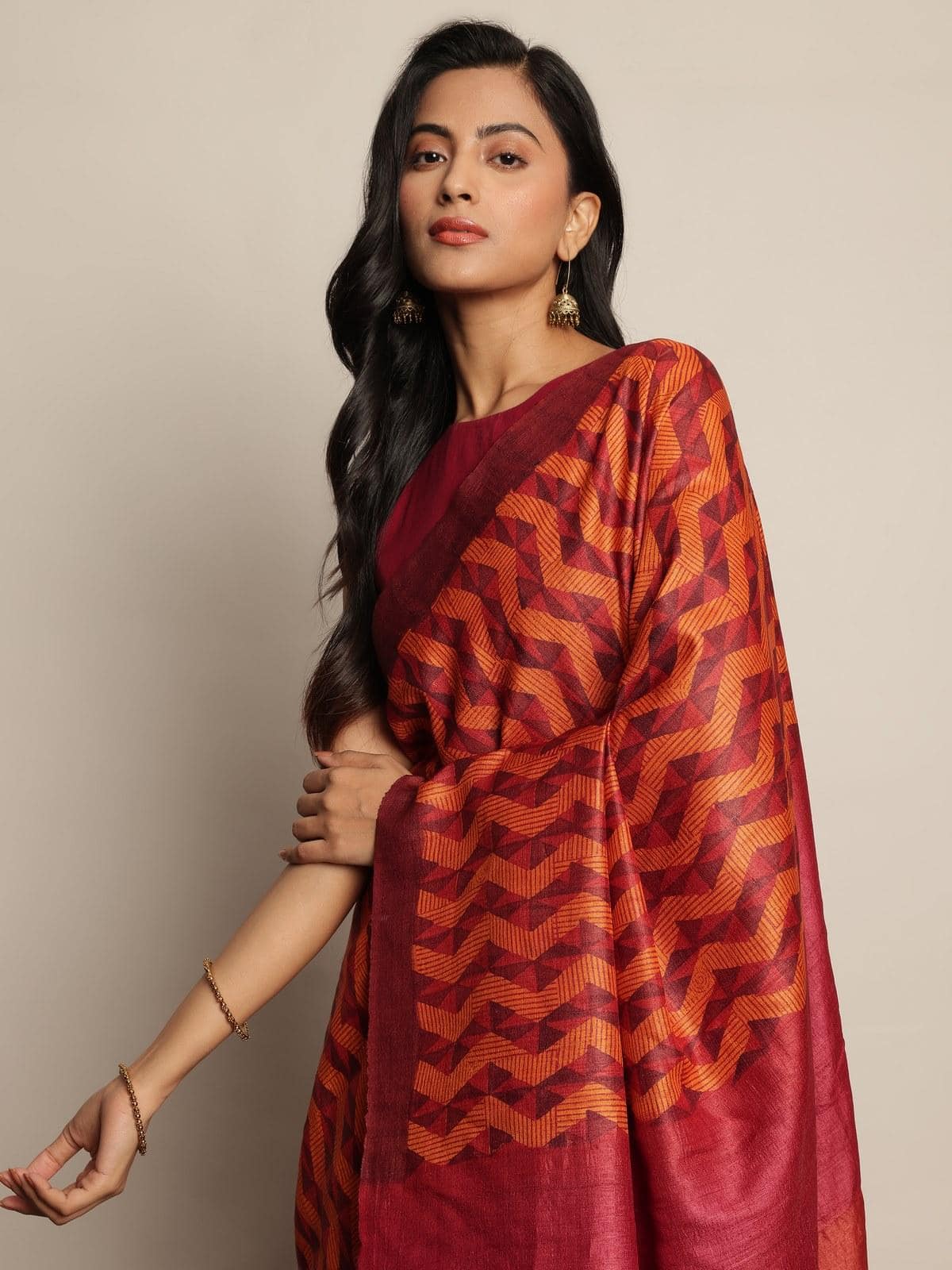 Rust Tussar Silk Discharge Block Printed Saree