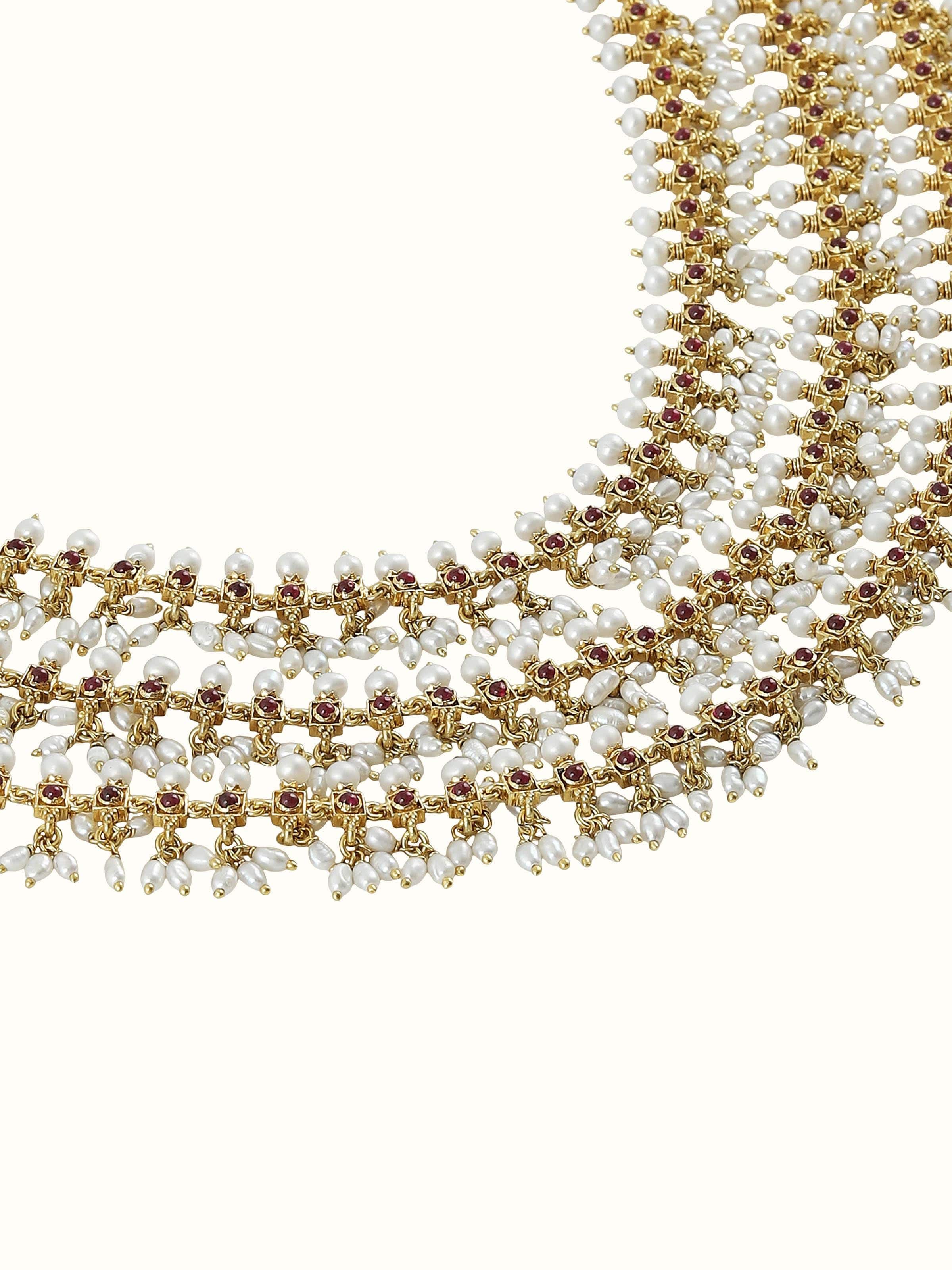 Close-up of Guttapusalu necklace showing clustered pearls and oxidized silver craftsmanship