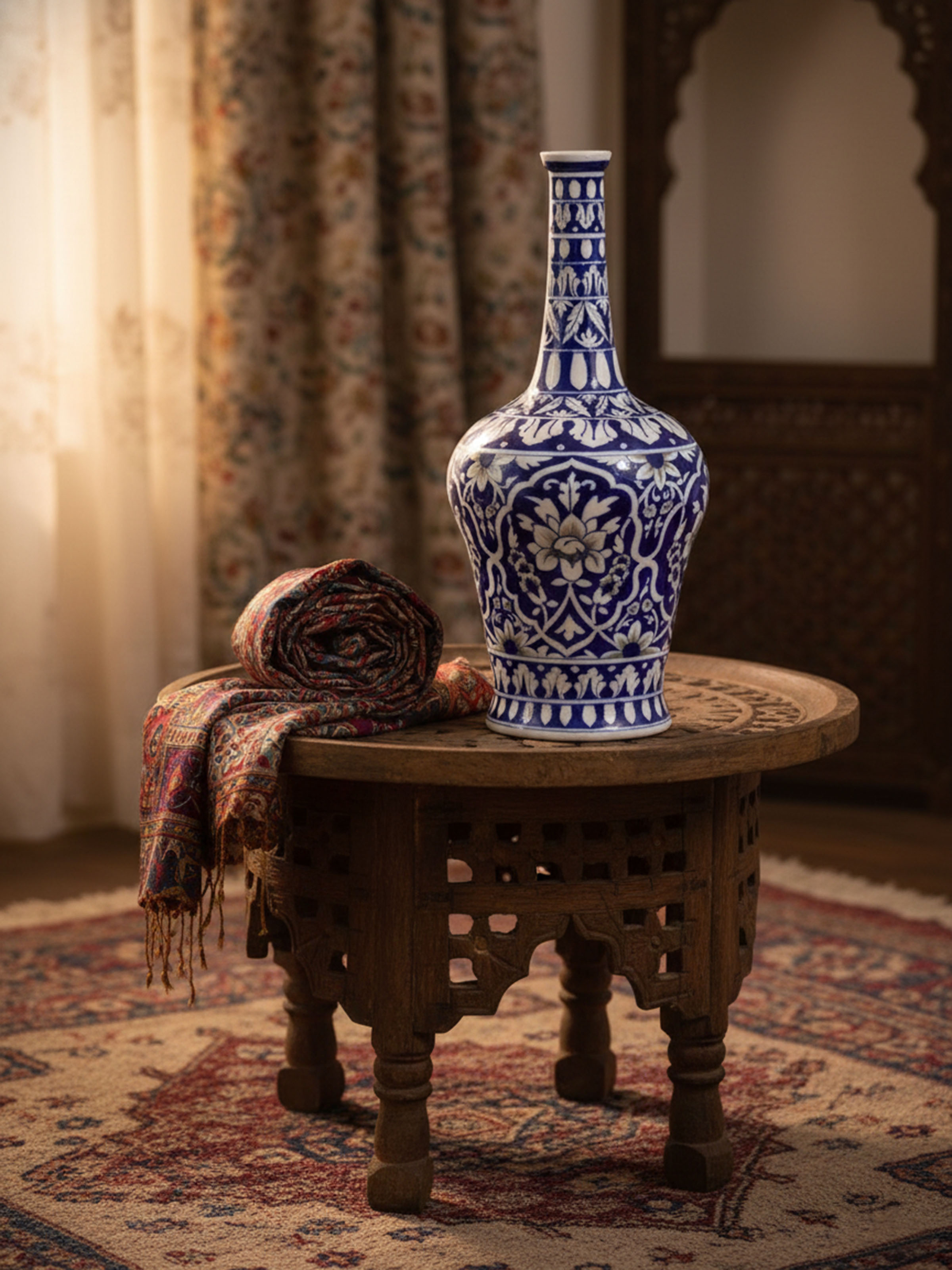 Lifestyle view of Blue Pottery Ceramic Table Vase