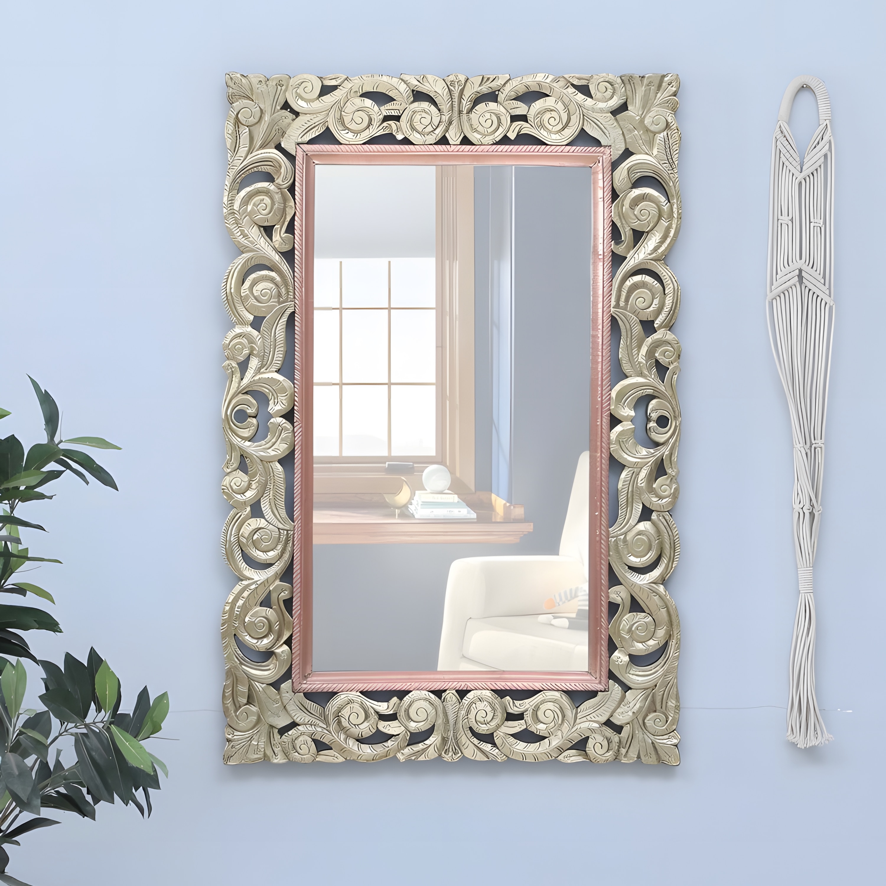 Miro Mango Wood Inlay Brass Carving Wall Mirror