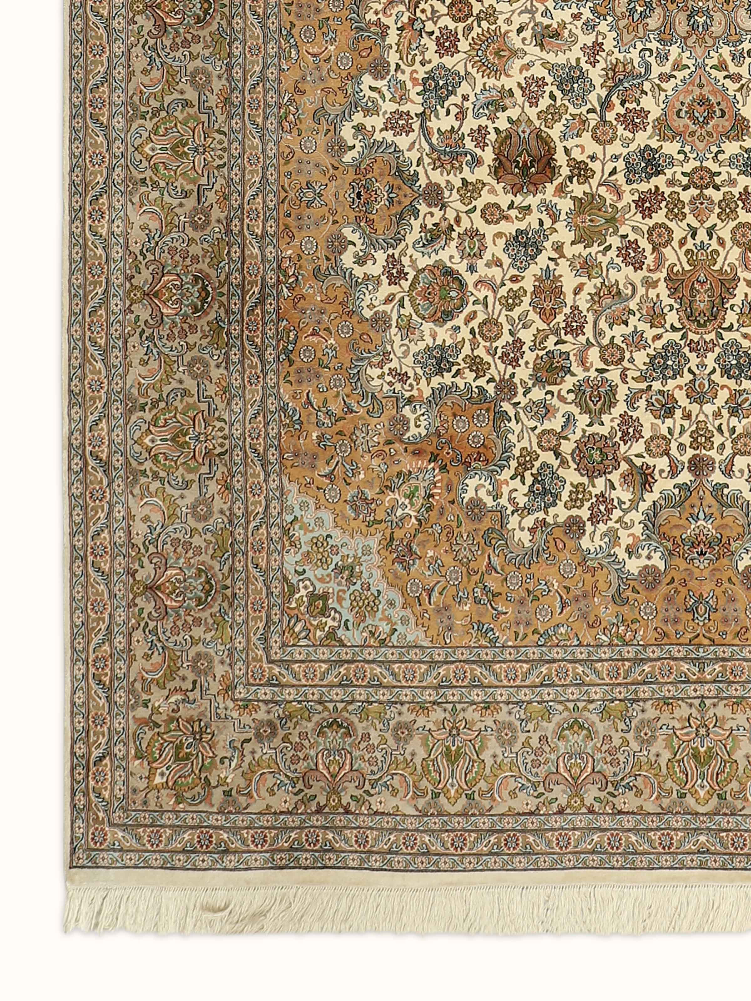 Traditional Persian Ivory Kerman Kashmir Silk Hand-knotted Rug