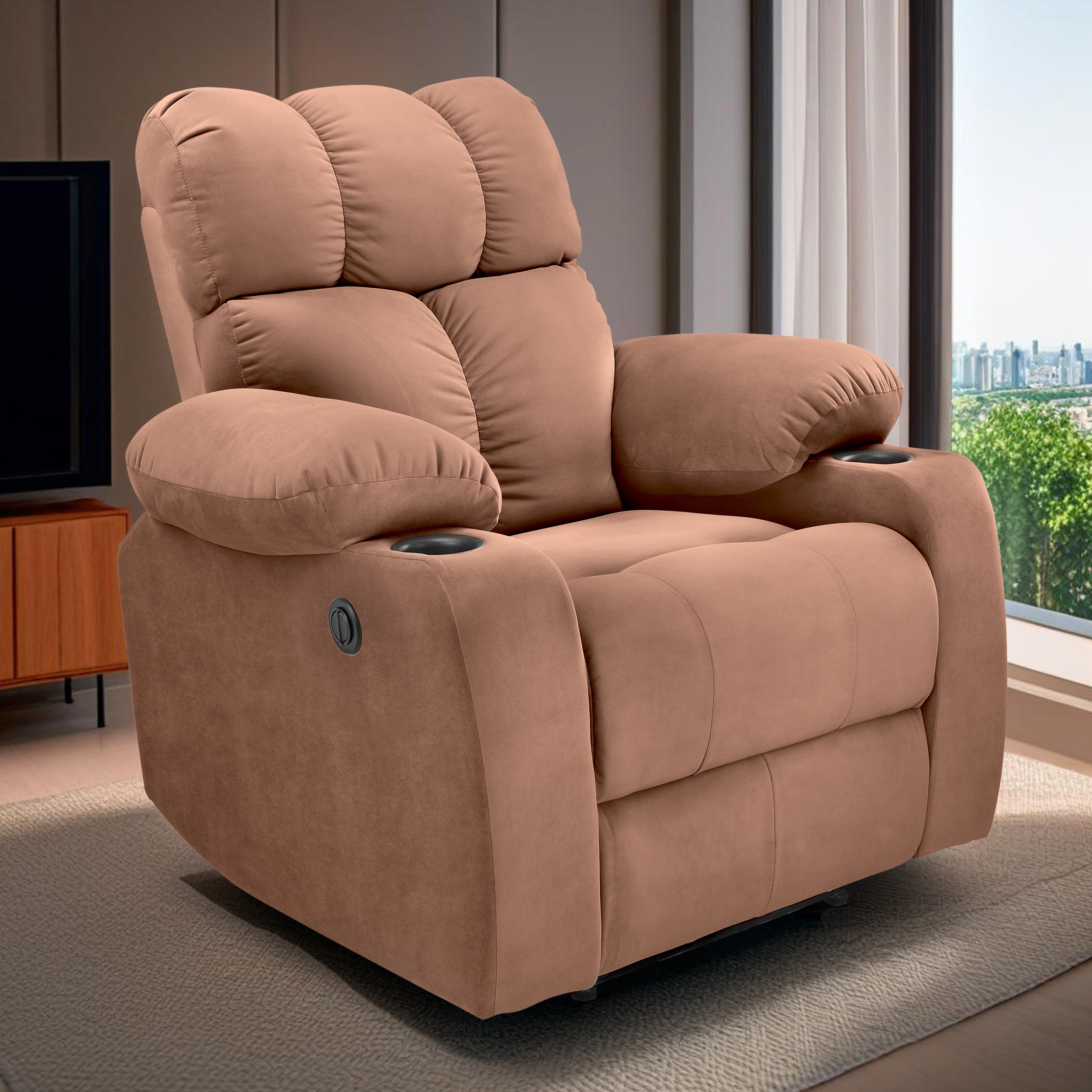 Helios Fabric One Seater Motorised Recliner with Cup Holder in Brown Colour