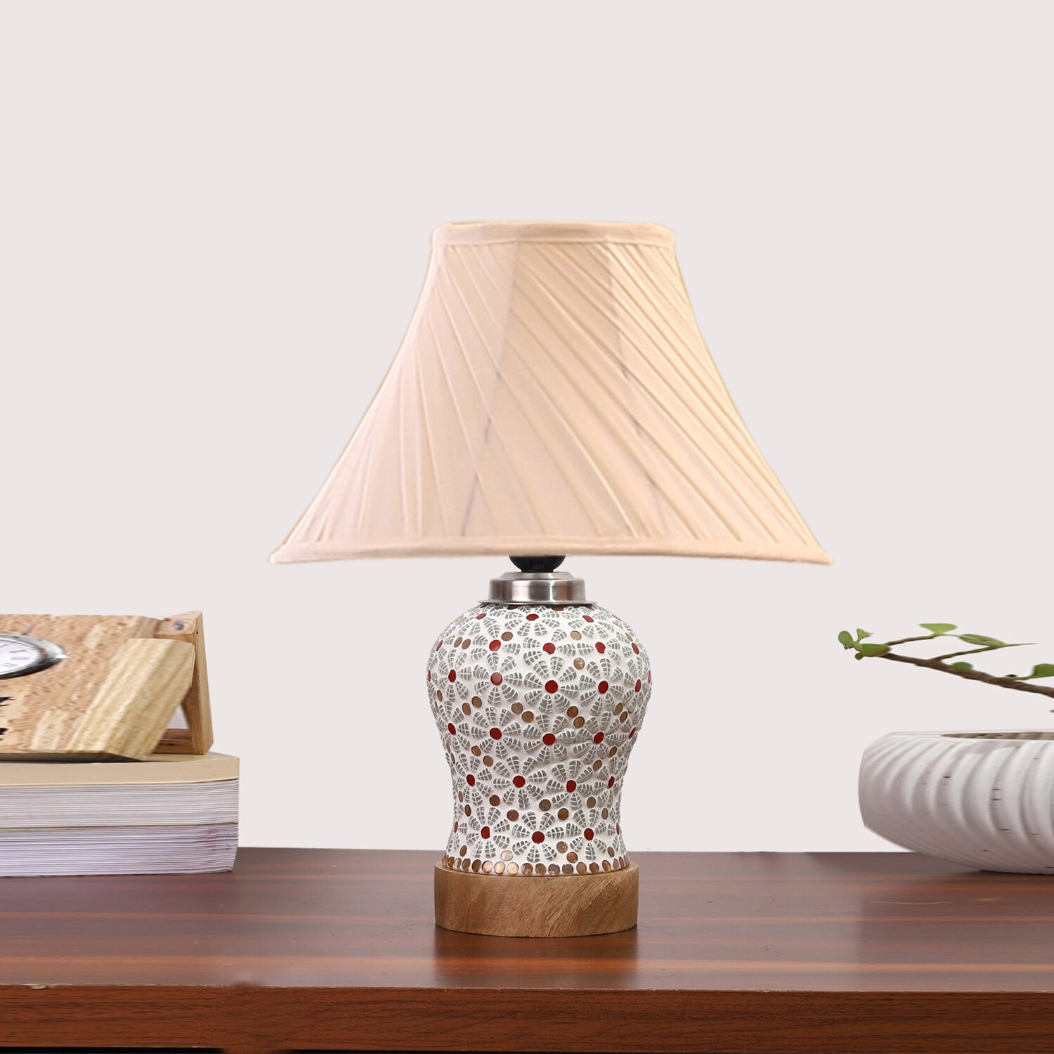 Devansh Off-White Cotton Shade Cross Pleated Lamp With Wood & Mosaic Glass Base For Decoration/Office/Home/Gifting/Study For Decoration/Office/Home/Gifting/Study
