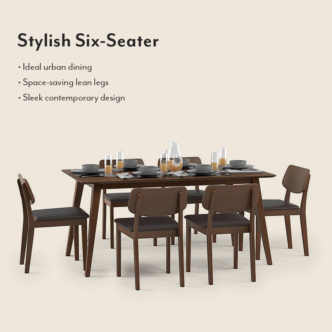 Lawson 6 Seater Dining Table Set (Colour- Dark Brown, Finish- Walnut)