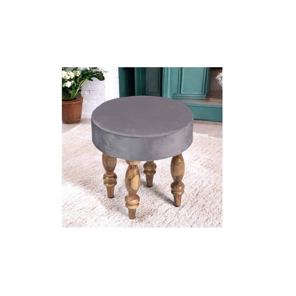 Roswell Sheesham Wood   Round Stool in Iron Grey Velvet Upholstery
