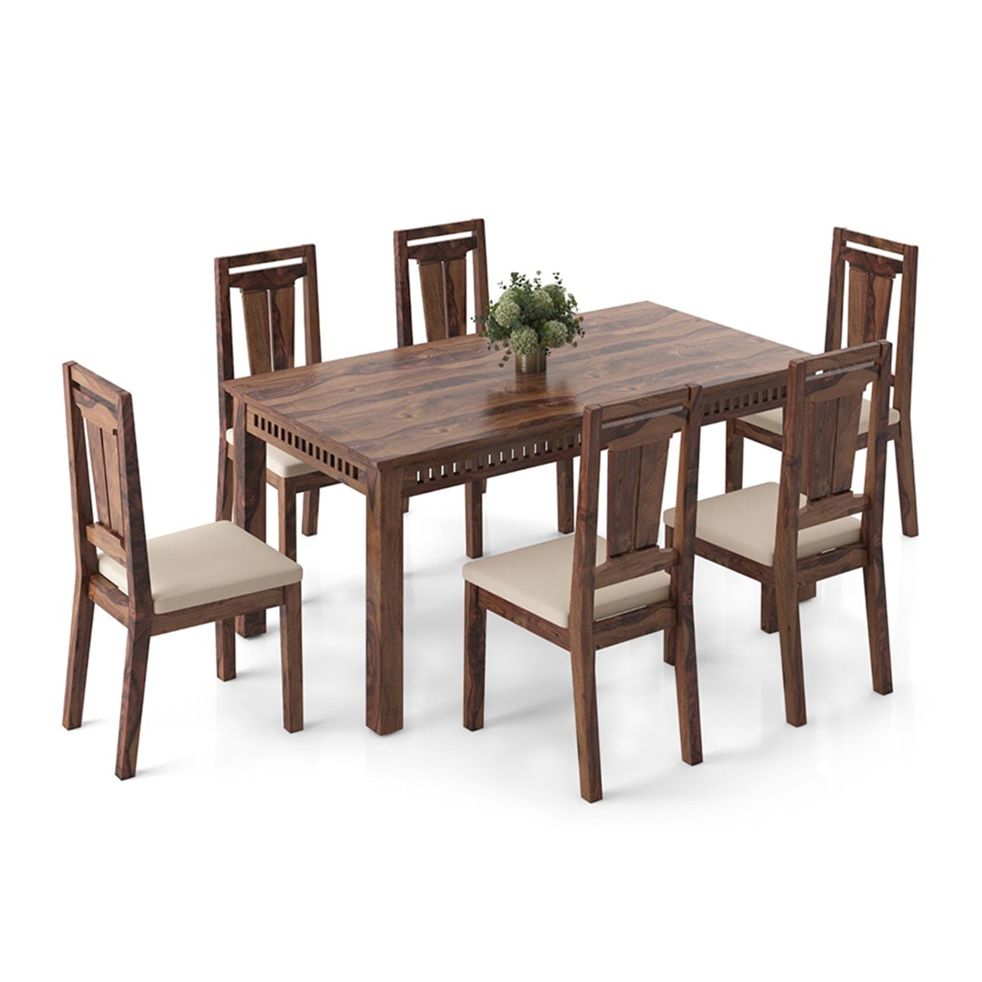 Fidora 6 Seater Dining Table With Martha Dining Chairs Set Of 2 (Colour- Wheat Brown, Finish- Teak)
