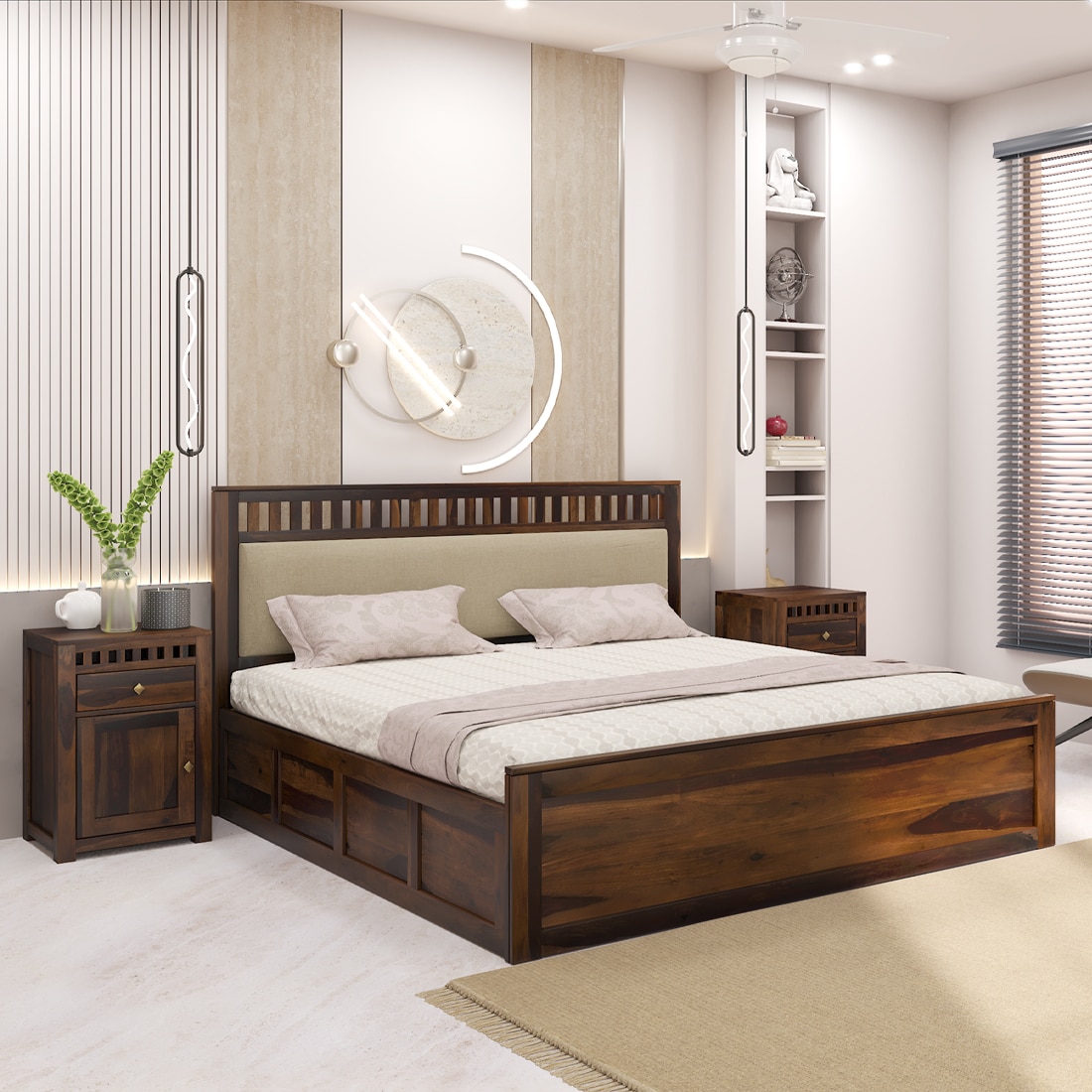 Vrinda Solid Wood Queen Size Bed In Hydraulic Storage Bed In Provincial Teak Finish