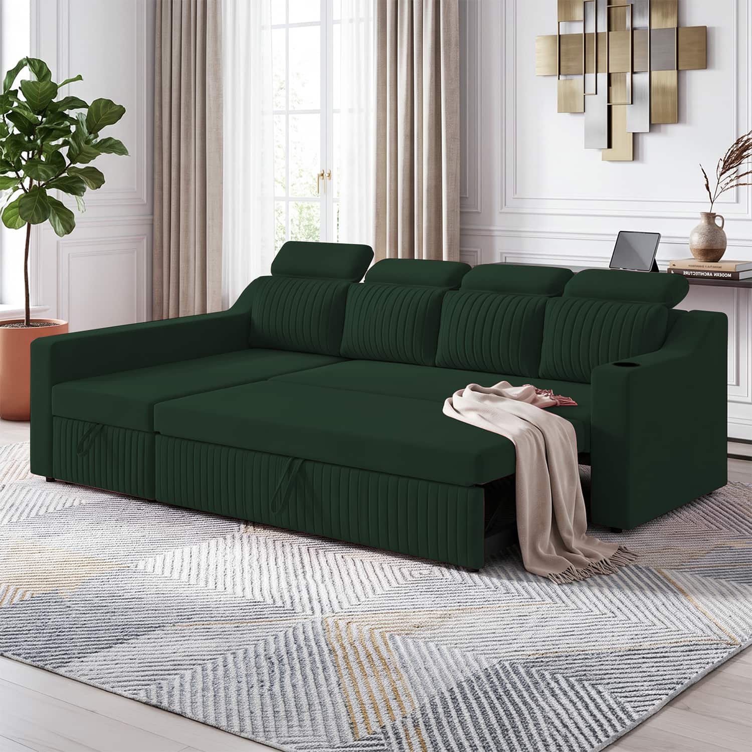Luna 5 Seater Velvet RHS Pull Out Sofa Cum Bed in Green Color With Storage