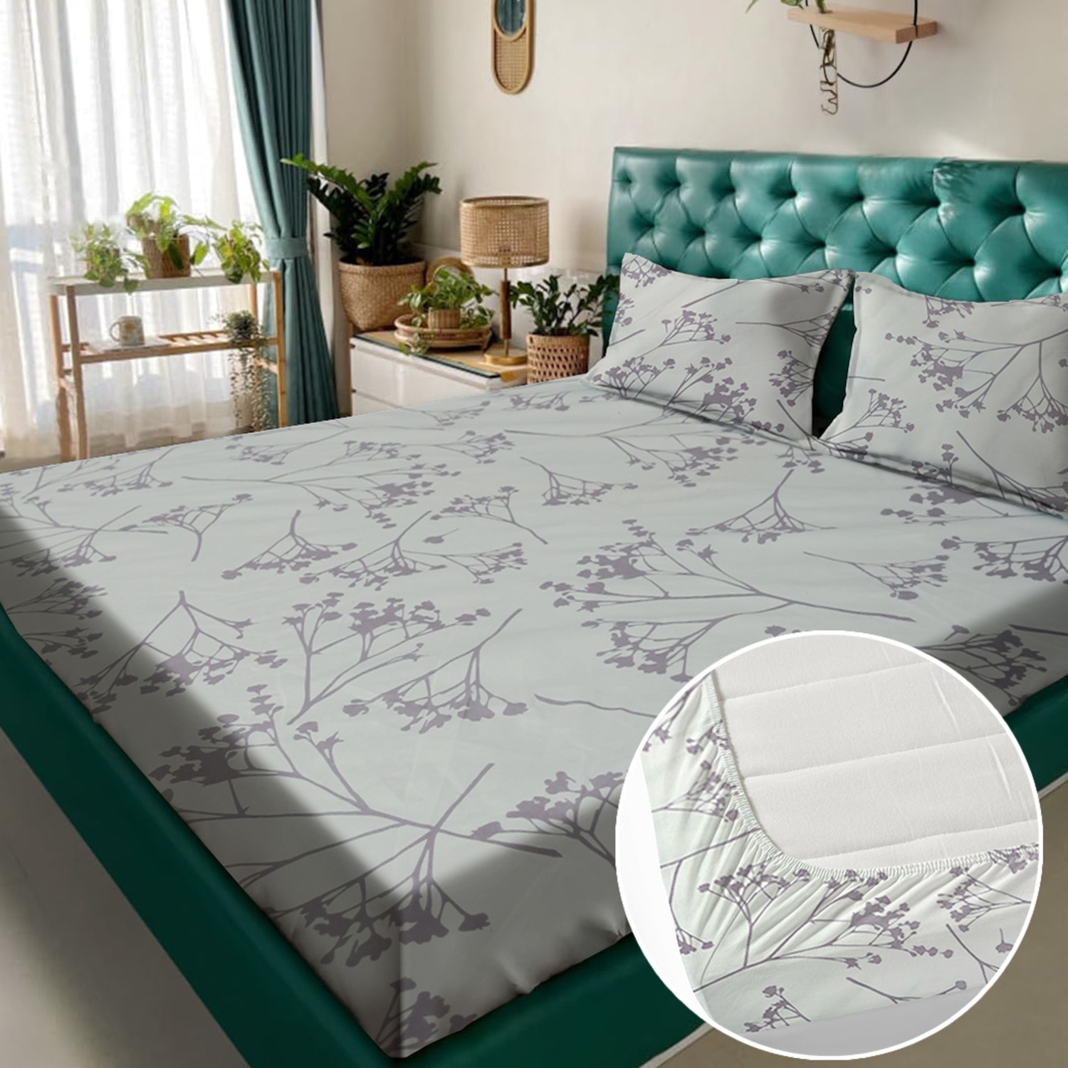 Purple Floral 180 TC Fitted 1 King  Bedsheet with 2 Pillow Covers