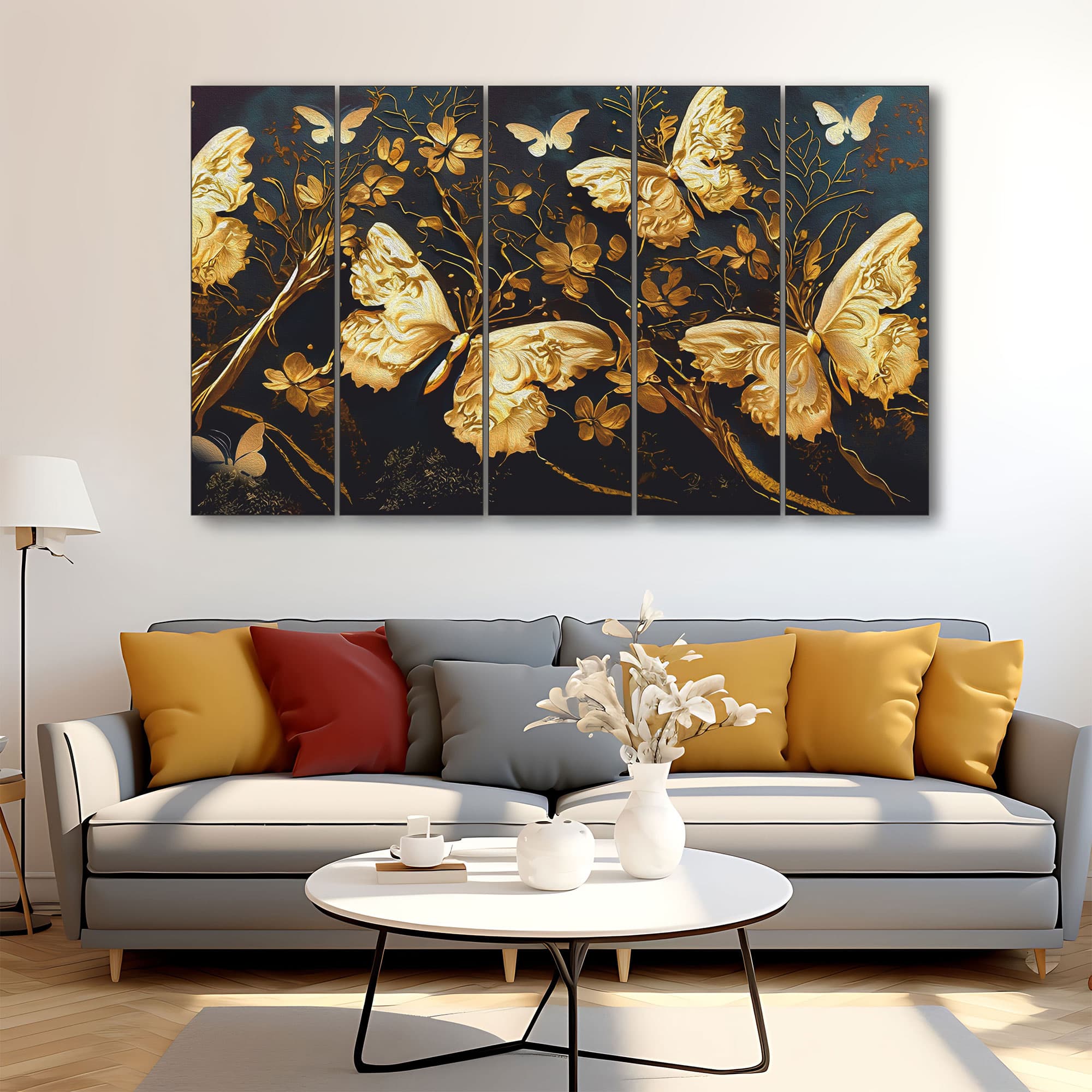 The Castle Decor Golden Butterflies Wall Art Set of 5 27x48 Inch (Style 1) - The Castle Decor