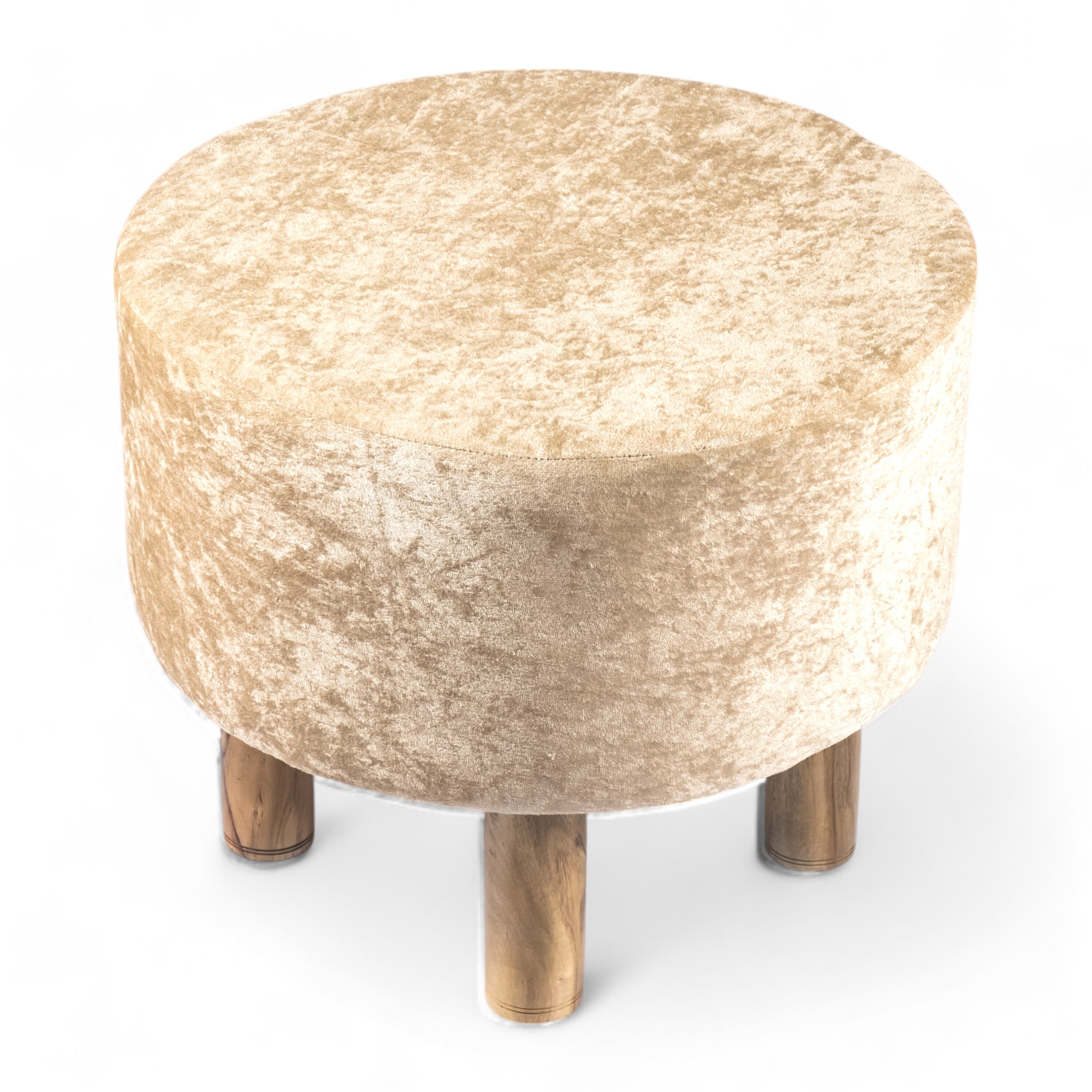 Collio Solid Wood Pouffee in Ivory Sparkle Velvet Fabric