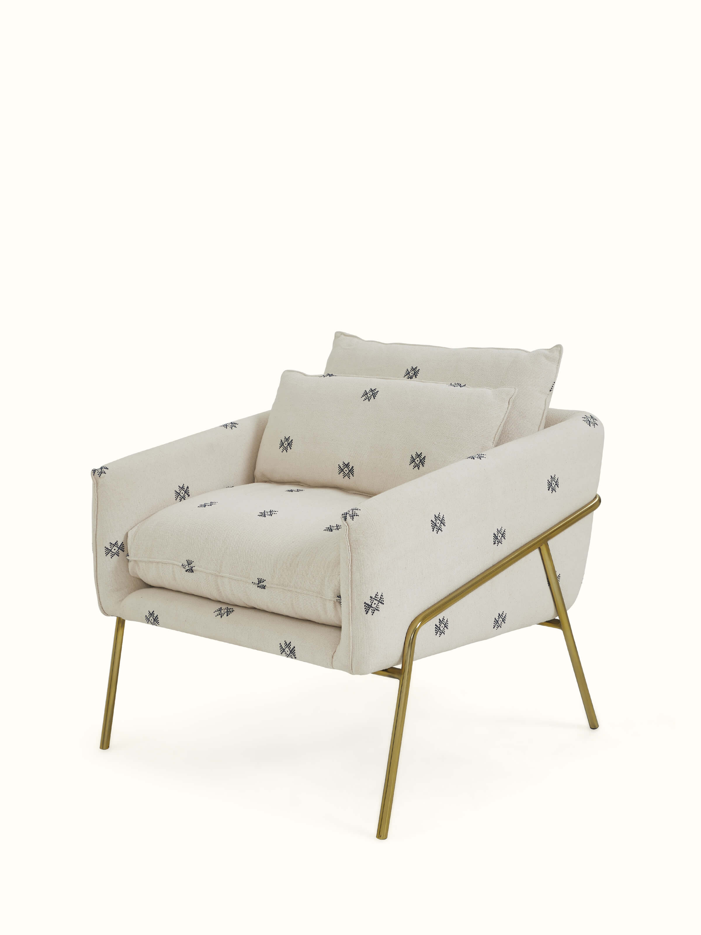 Angled view of Upholstered Metal Lounge Chair showcasing the ergonomic design and chic metal legs.