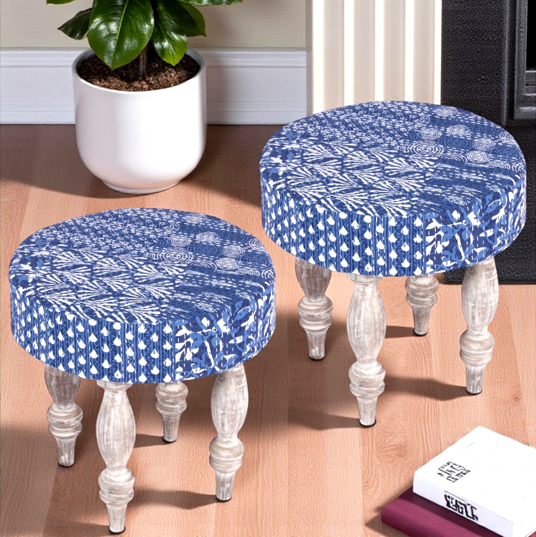 Roswell Sheesham Wood Mid Century Round Stool in Indigo Patchwork Kantha Upholstery