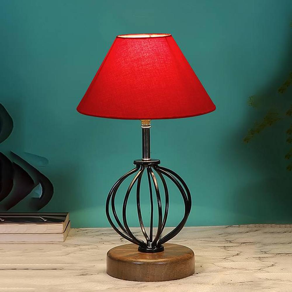 Jayla Red cotton Table lamp with Wood & Iron Base - Devansh
