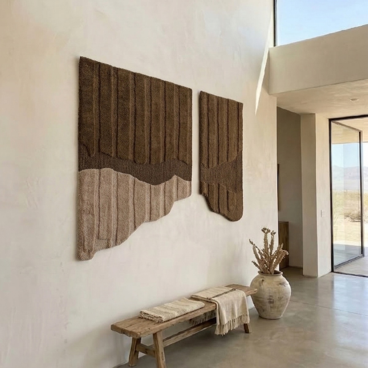 Abstract Handmade Natural Wool Wall Art Brown Beige 2 Panel Set 7 x 5 Feet - NEU LOOMS