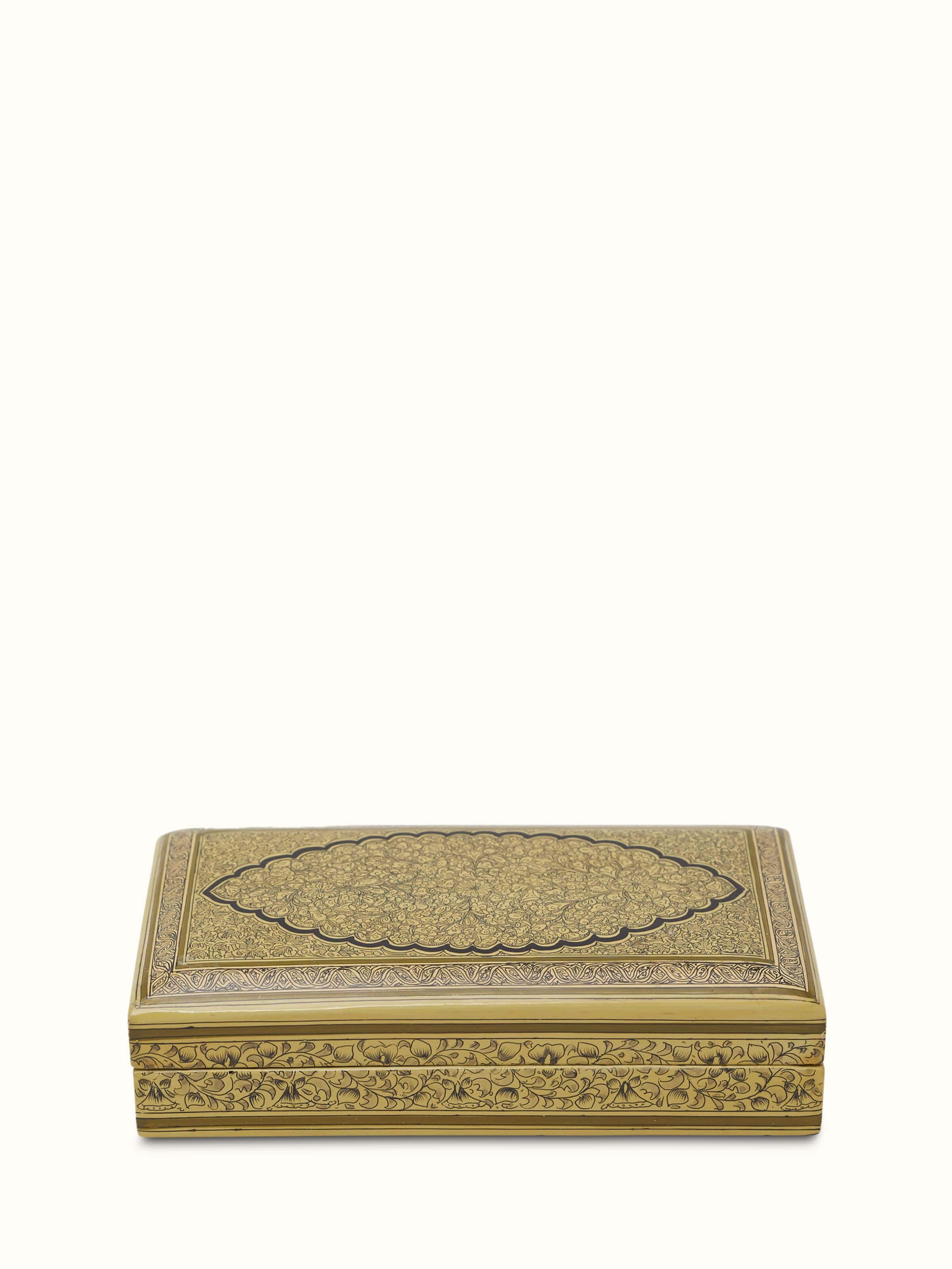Front view of Golden Papier Mache Paper Pulp Trinket Box highlighting its elegant golden finish and artistic design