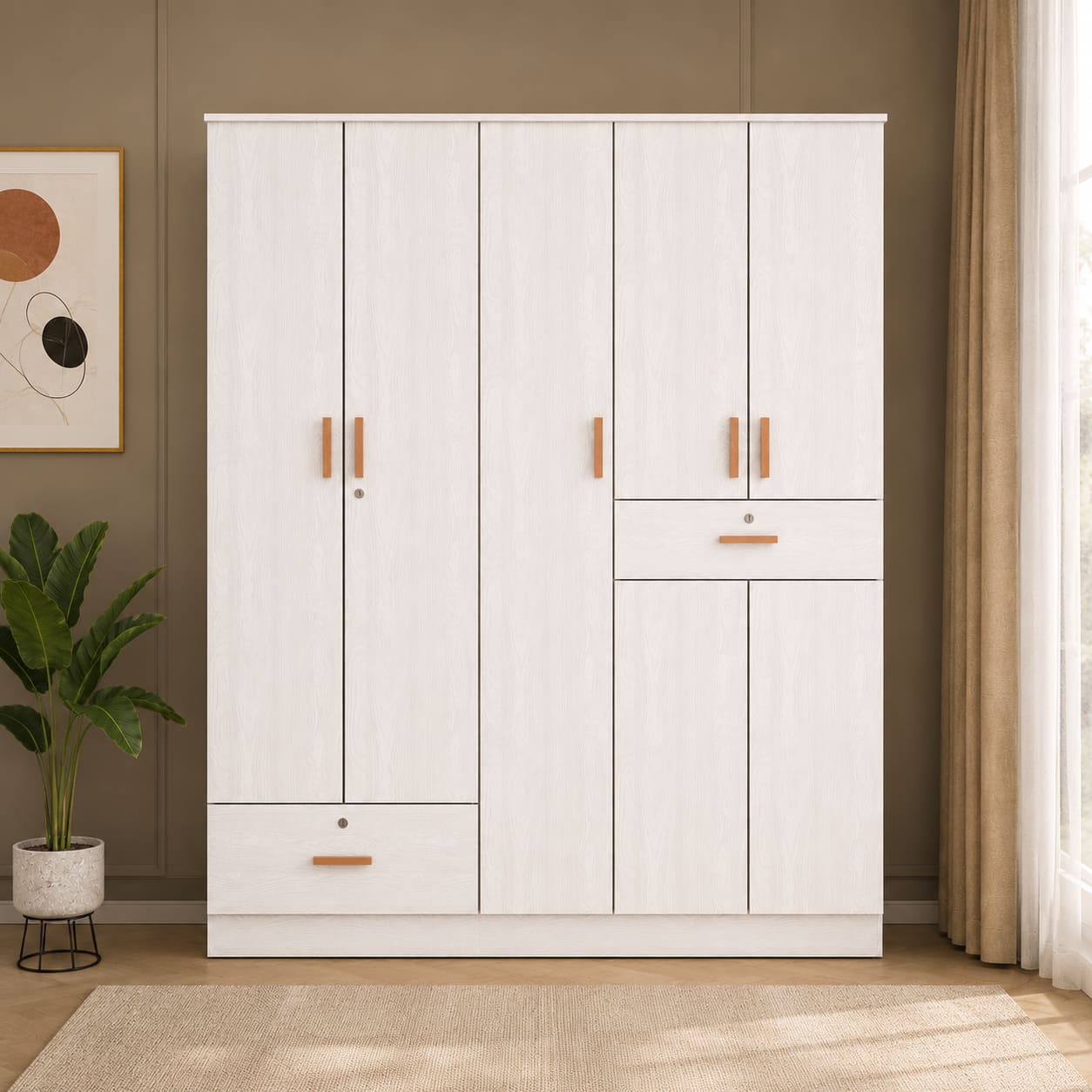 Ren 5 Door Engineered Wood Wardrobe in Silver Oak Finish