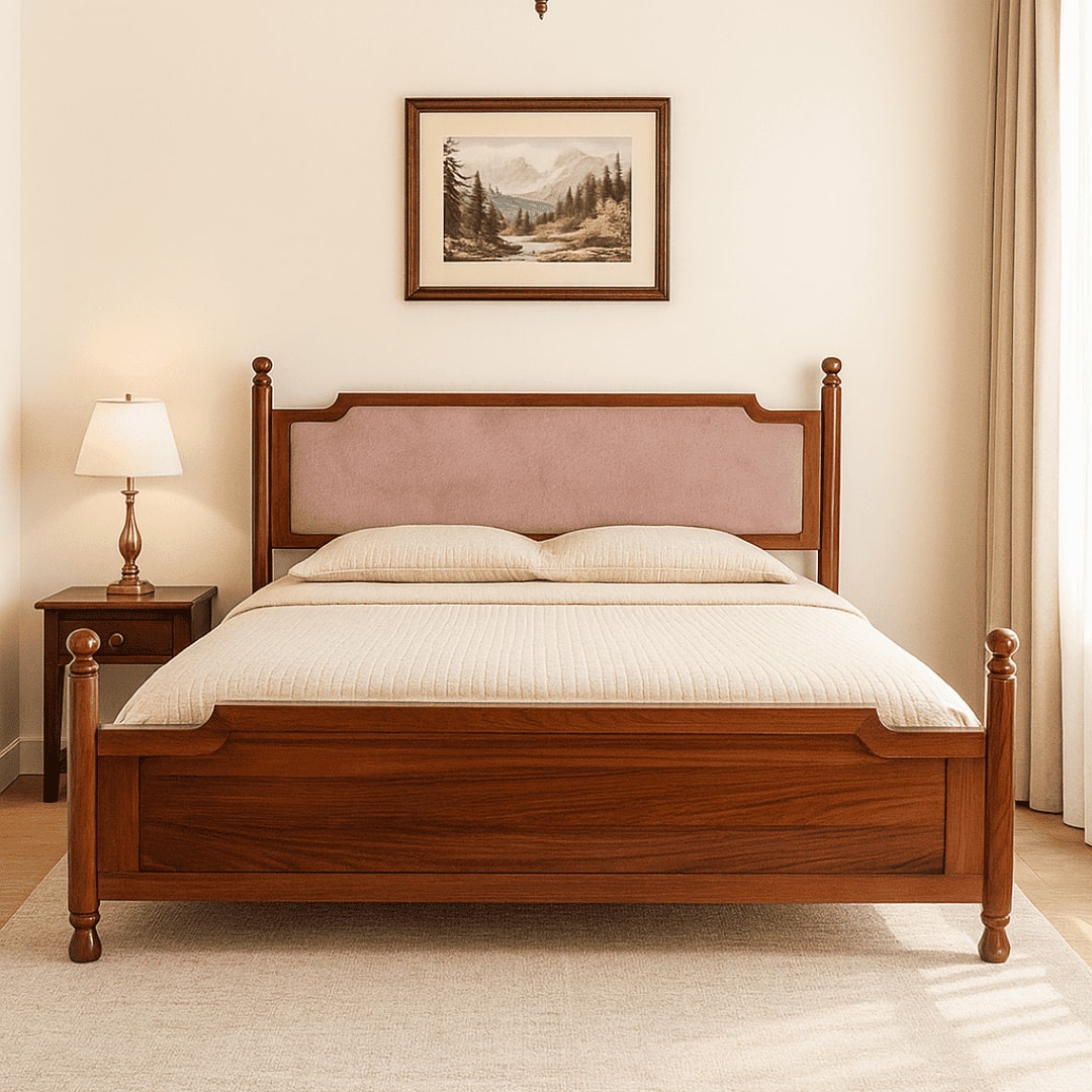 Camille Solid Wood Box Storage Queen Bed in Provincial Teak Finish with Pink Colour