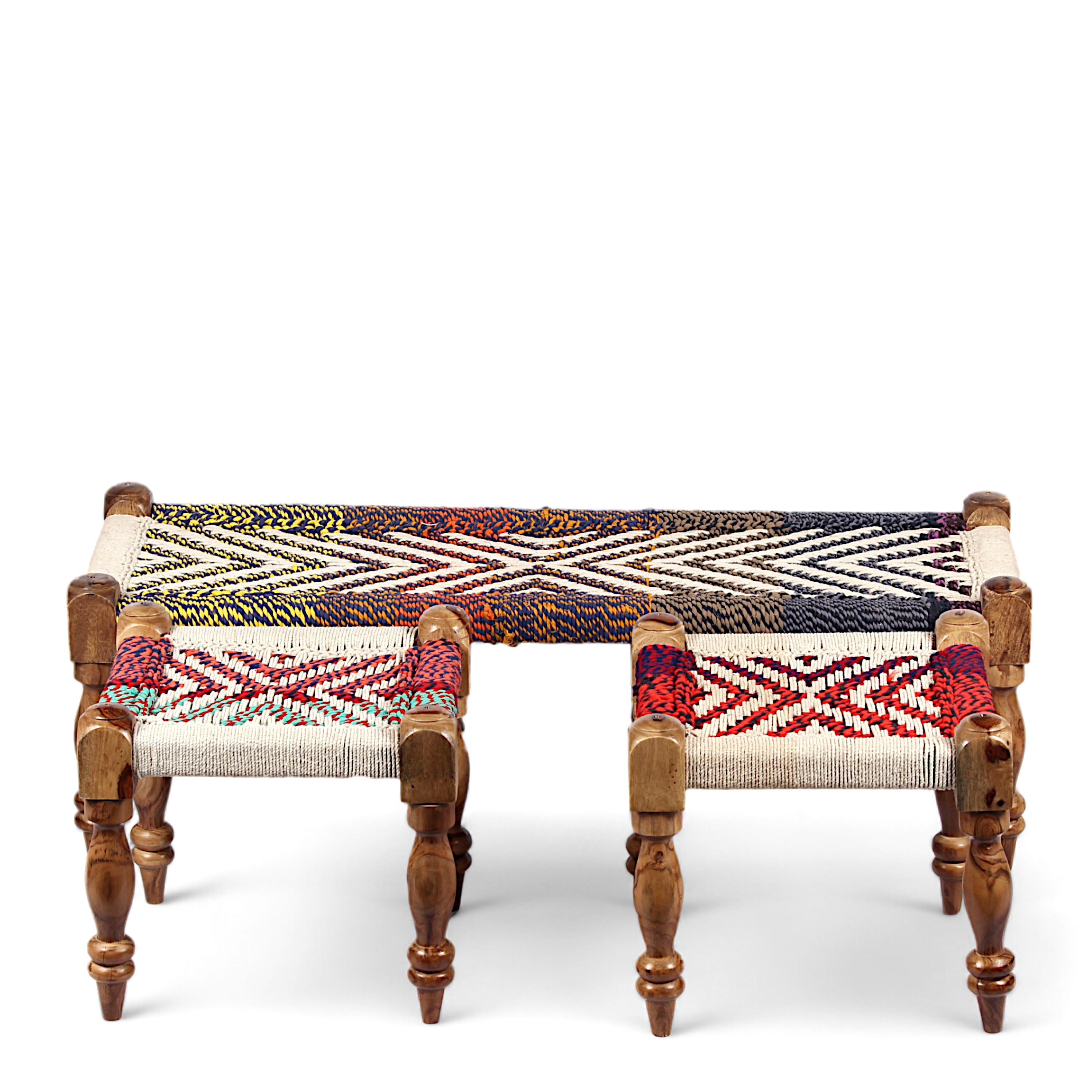 Hamilton Sheesham Wood 2 Seater Maachi Bench Set With 2 Stools In Assorted Multi-Colour Chindi & White Rope Canning