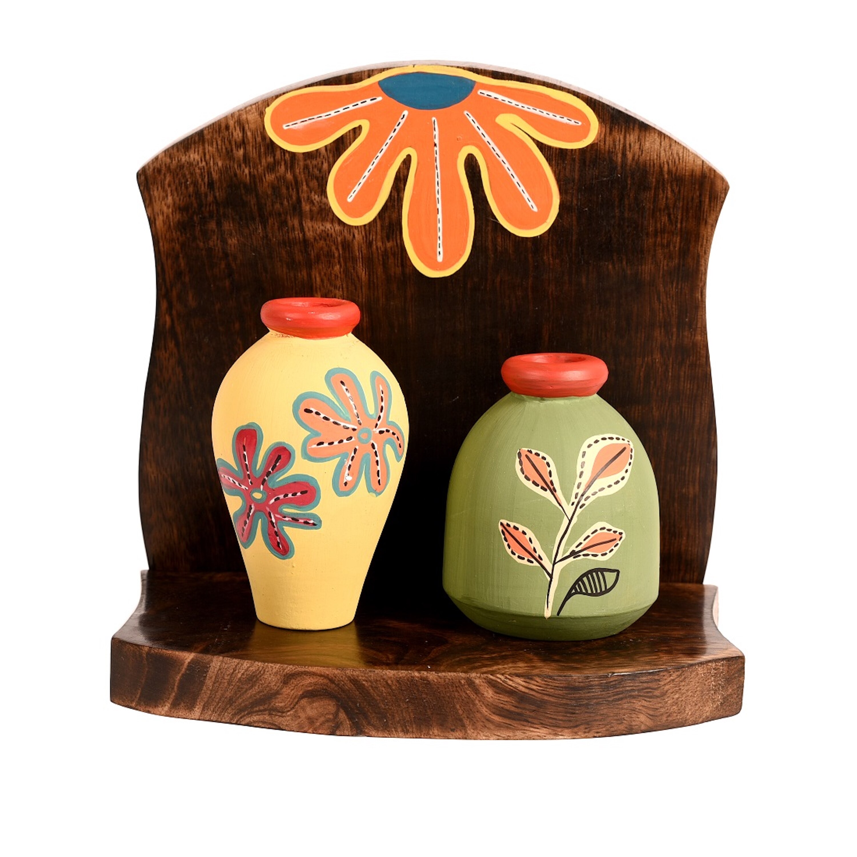 Wall Decor Wooden Shelf with 2 Pots Madhubani Art (6.5x5x7)