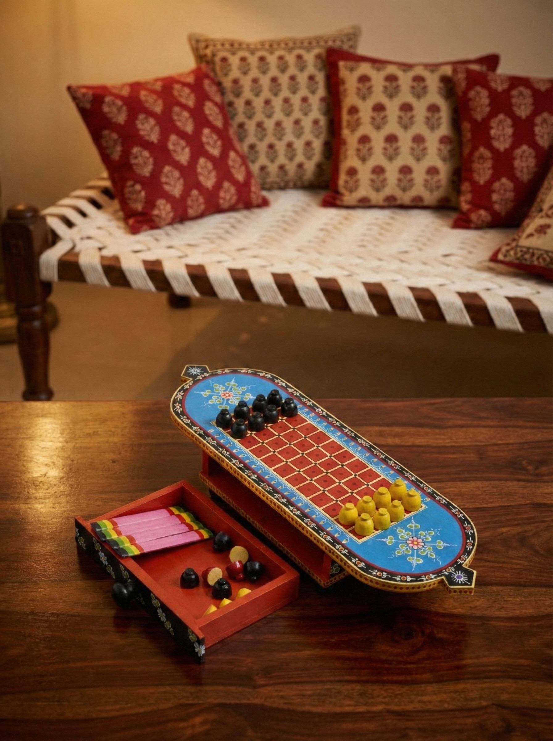 Front view of Ganjifa Cedar Wood 5-in-1 Board Game Blue